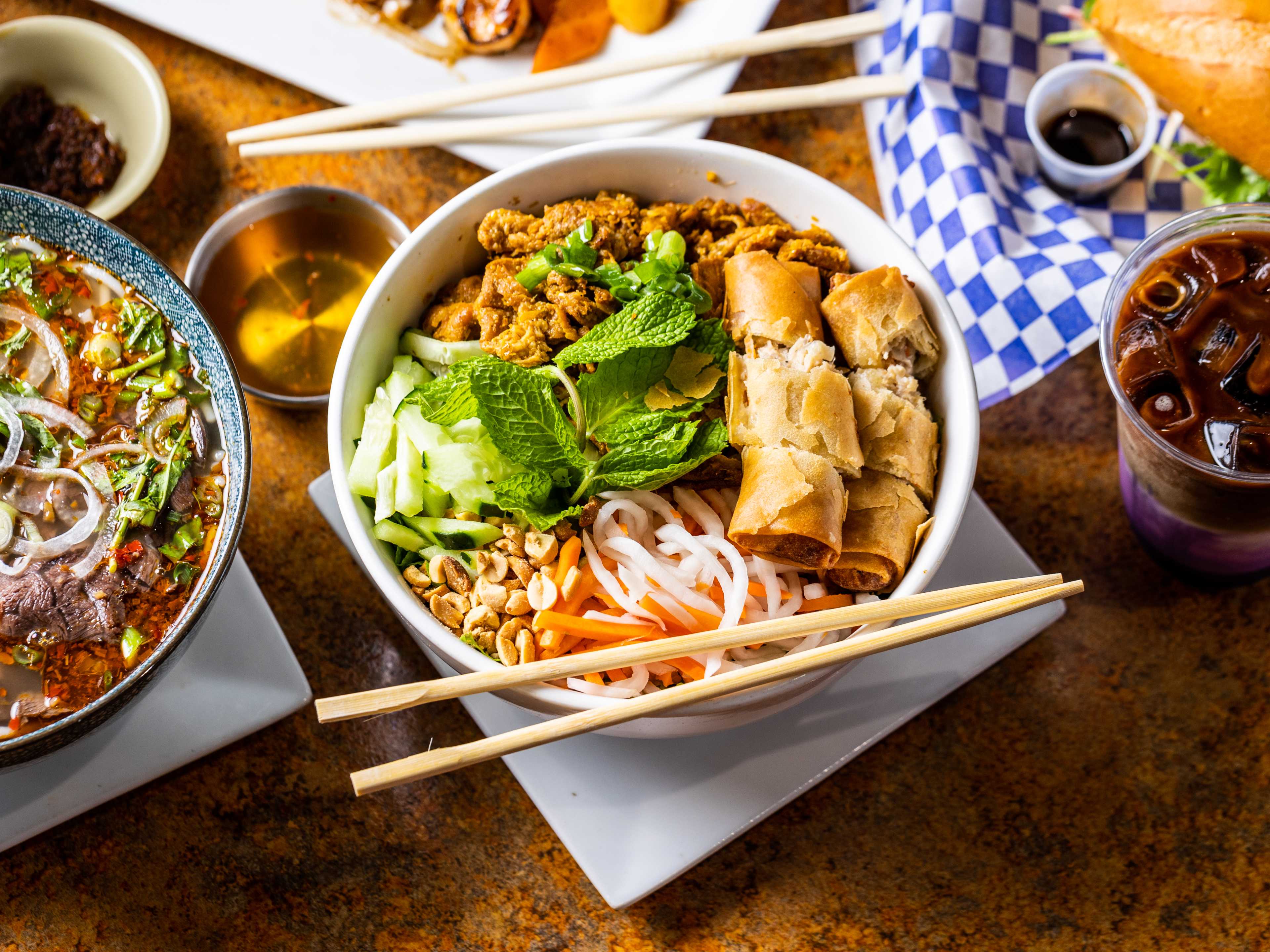 The grilled pork vermicelli with egg rolls from Fresh Bowl.