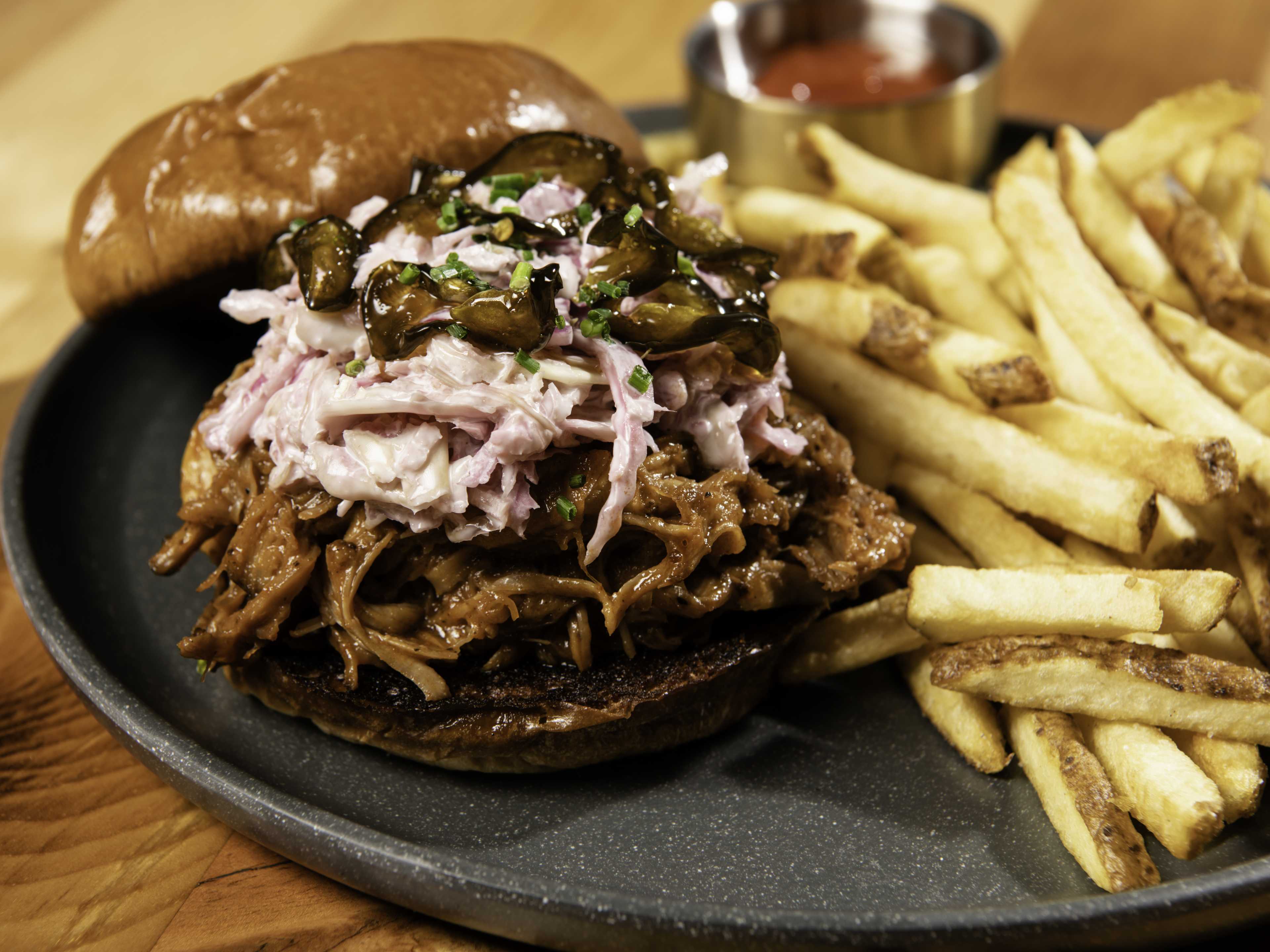 Close up of a pulled pork sandwich with fries on the side