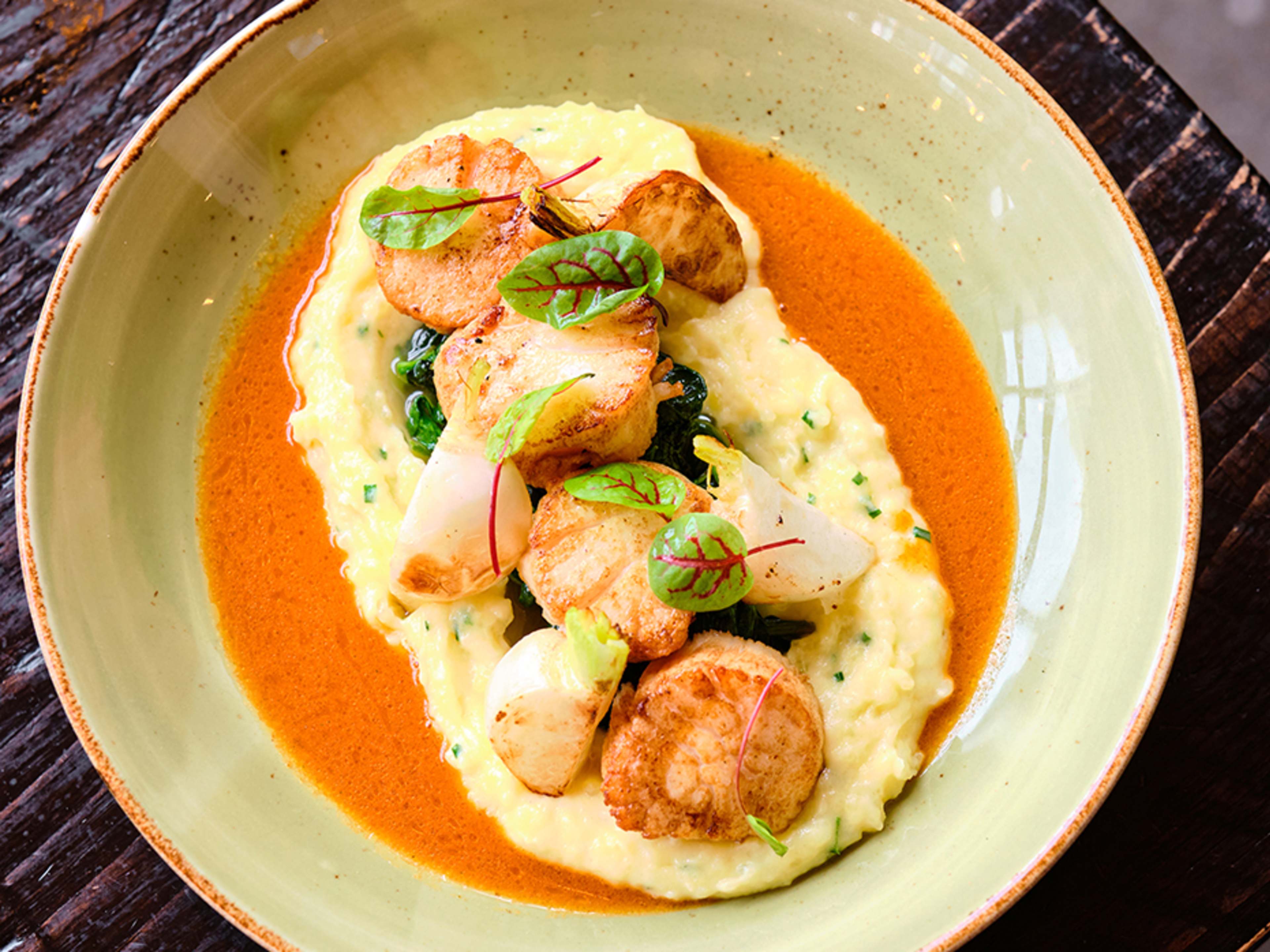 Seared scallops sitting on whipped mashed potatoes.