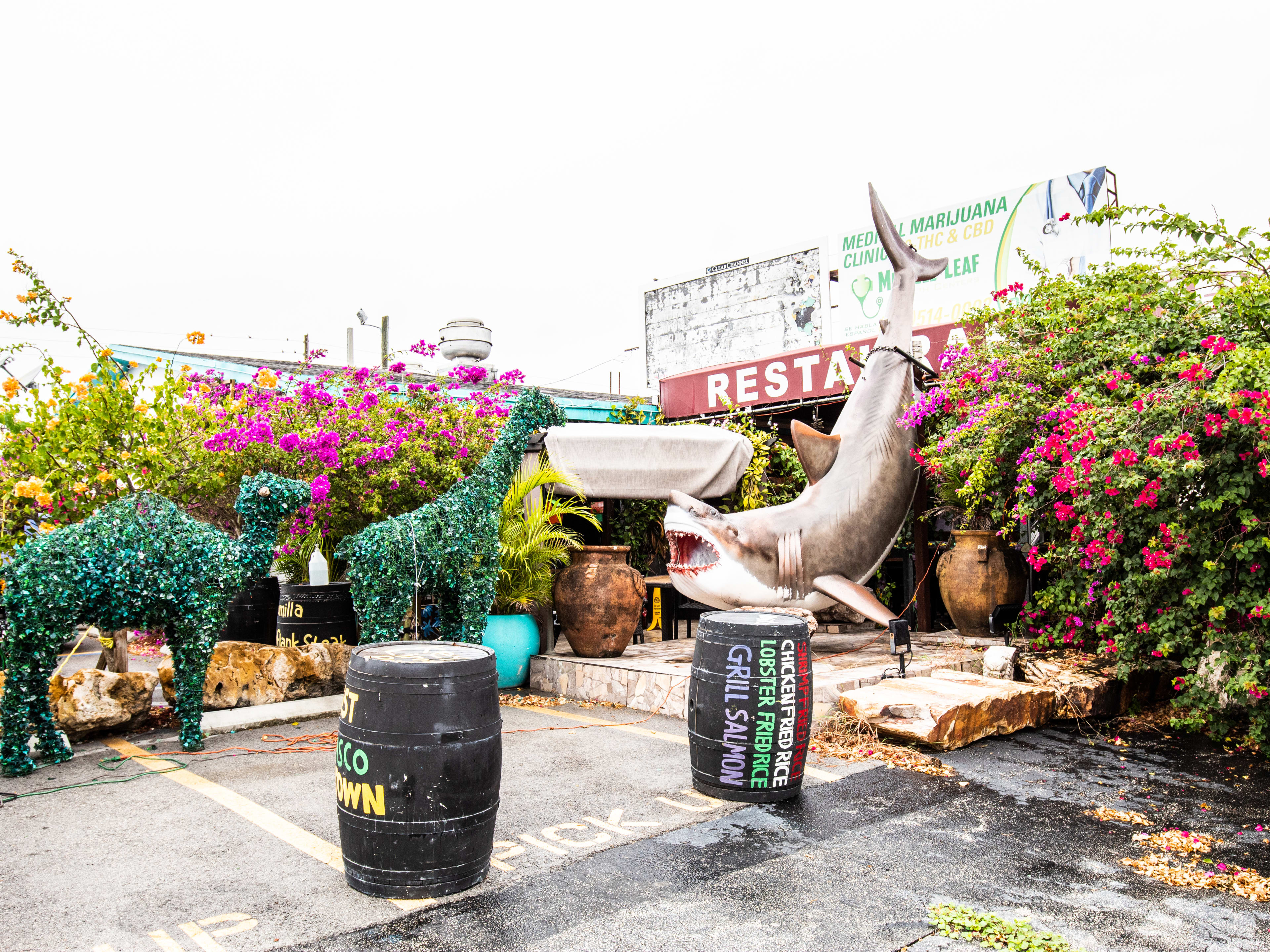 Exterior of restaurant with topiary animals and a giant shark statue.