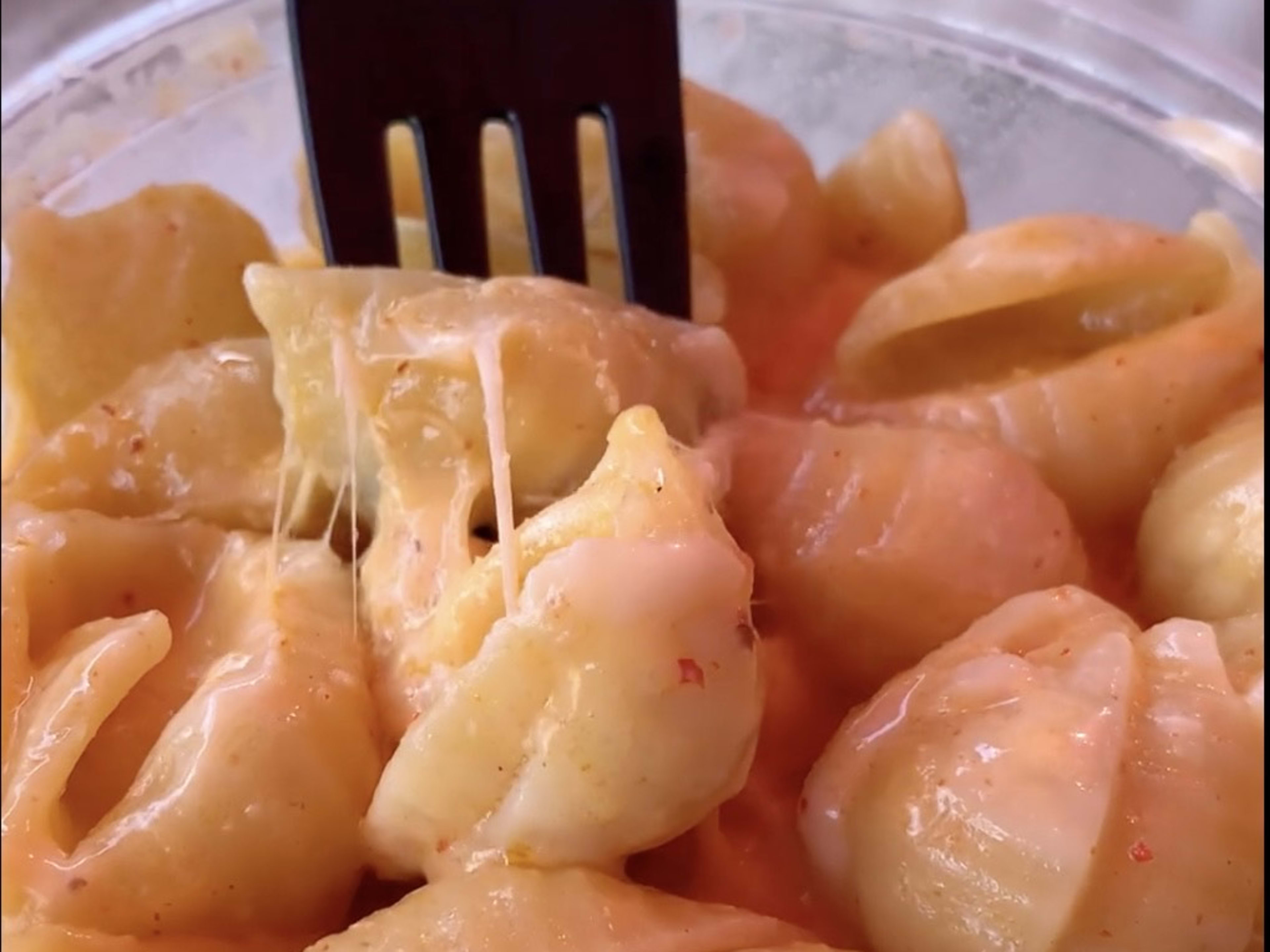 A fork diving into a pile of cheesy shell noodles.