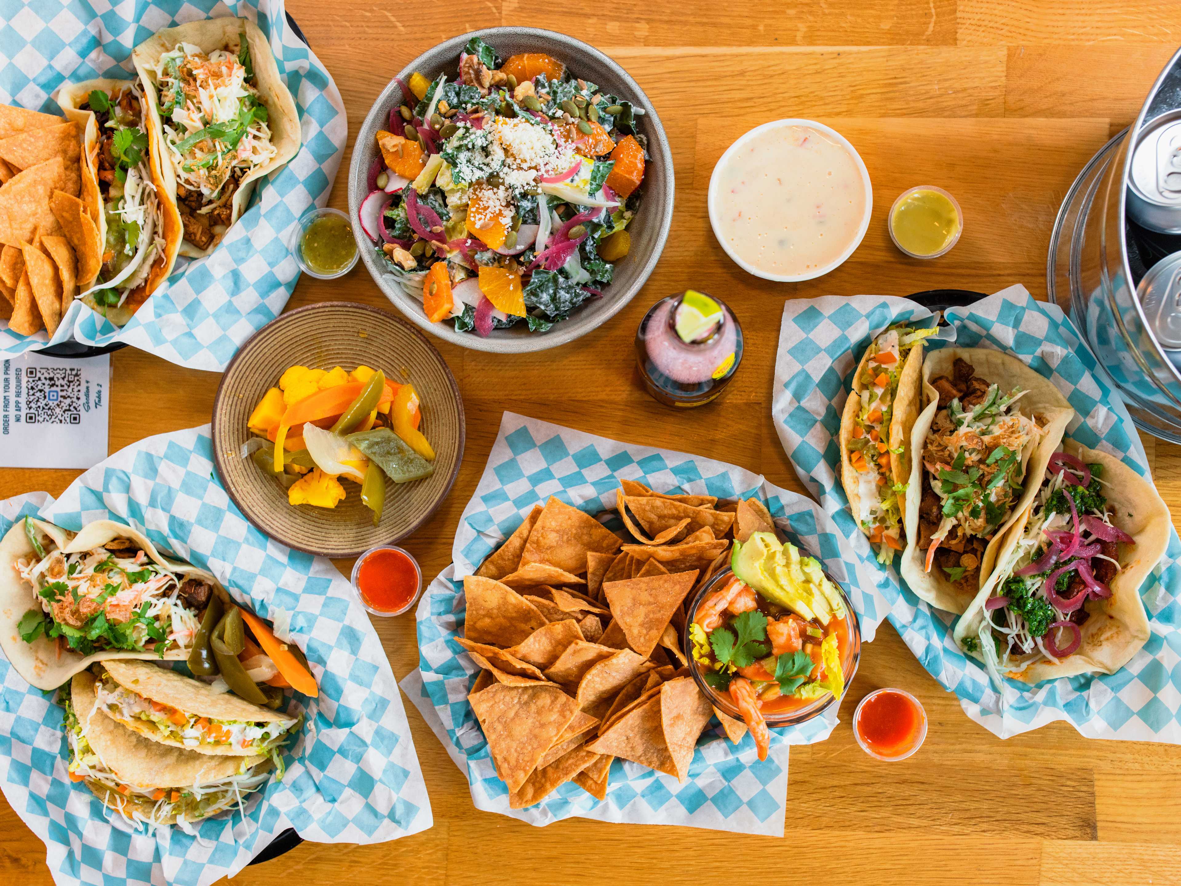 This is a spread of food at Hi-Low Tacos.