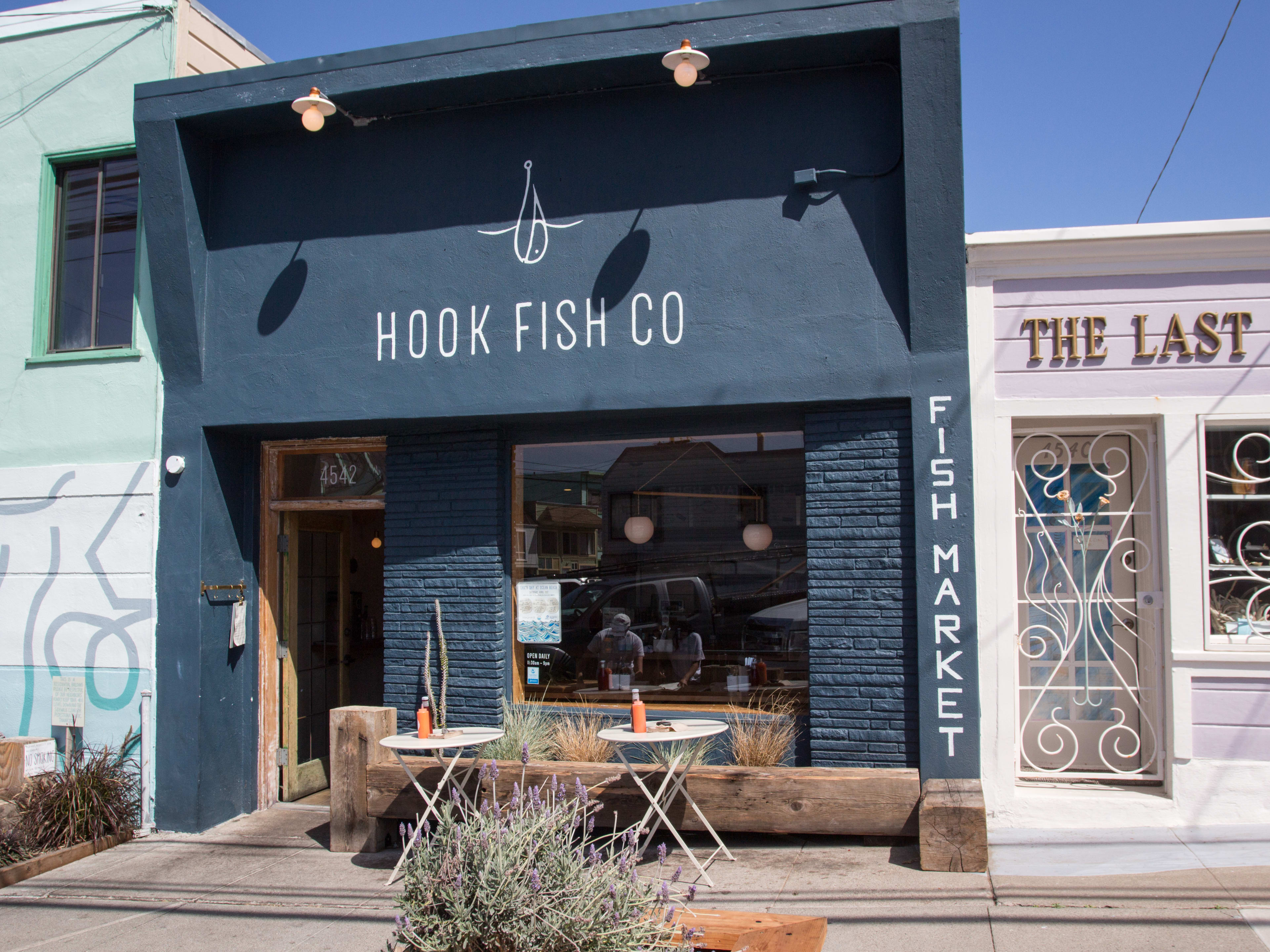 The exterior and some tables at Hook Fish Co.