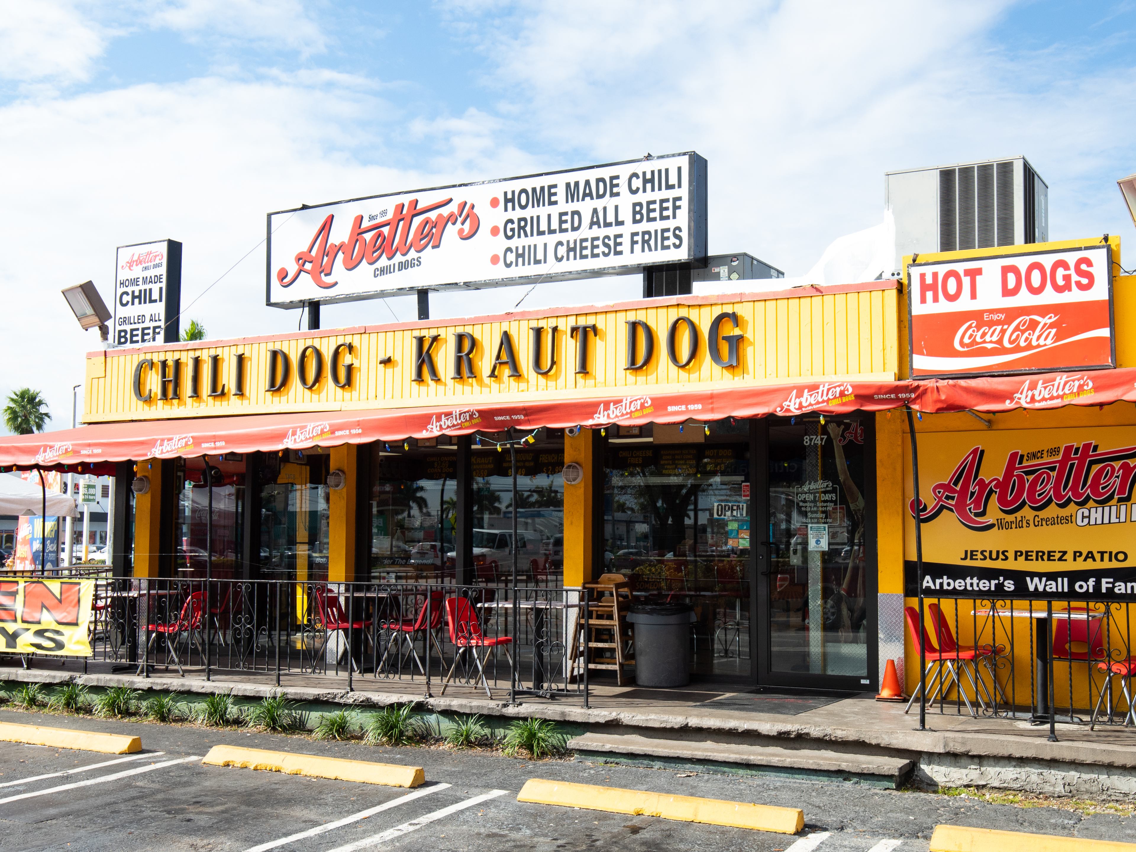 retro hot dog restaurant exterior with signage