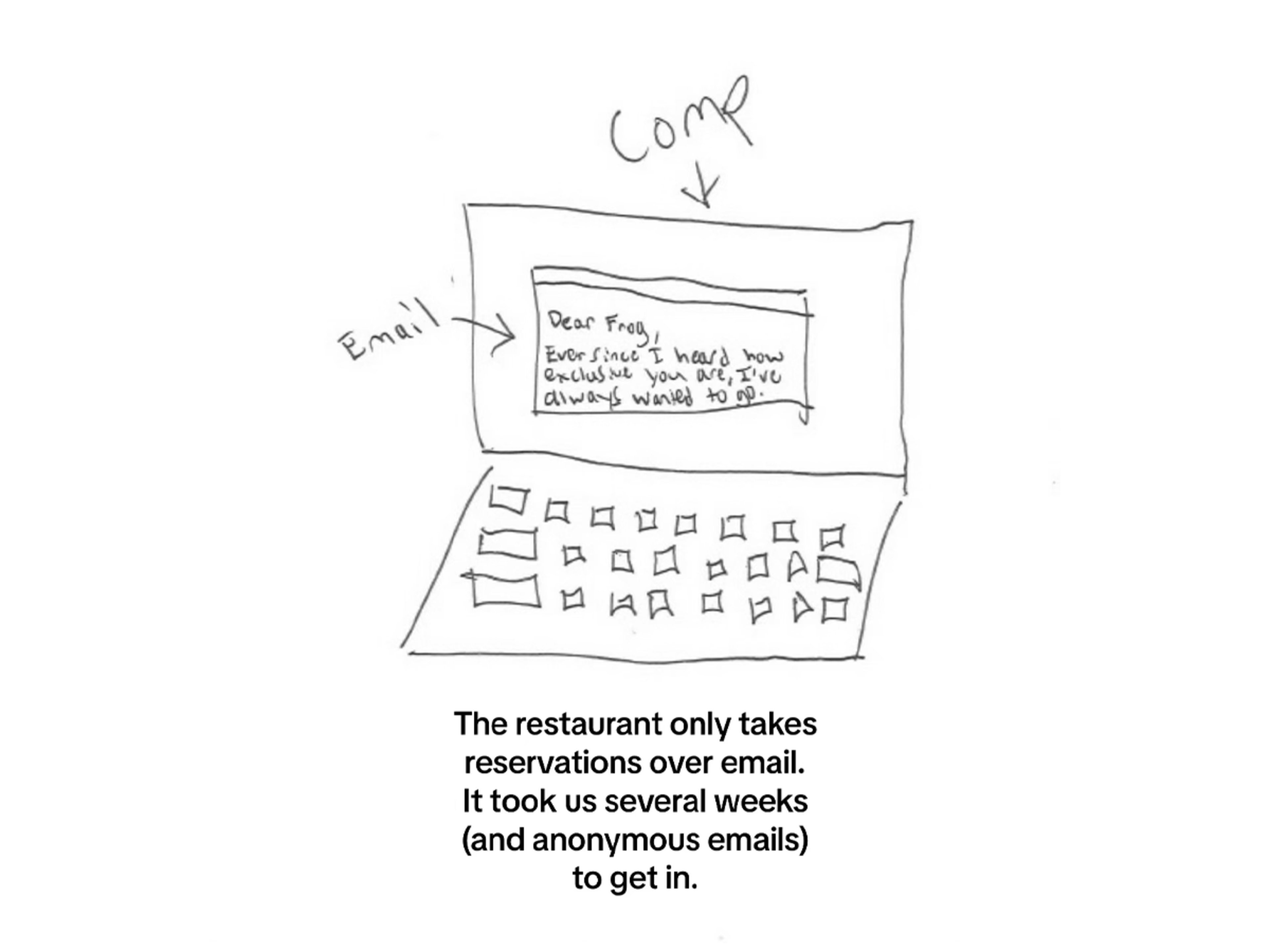 drawing of a computer with email requesting reservation