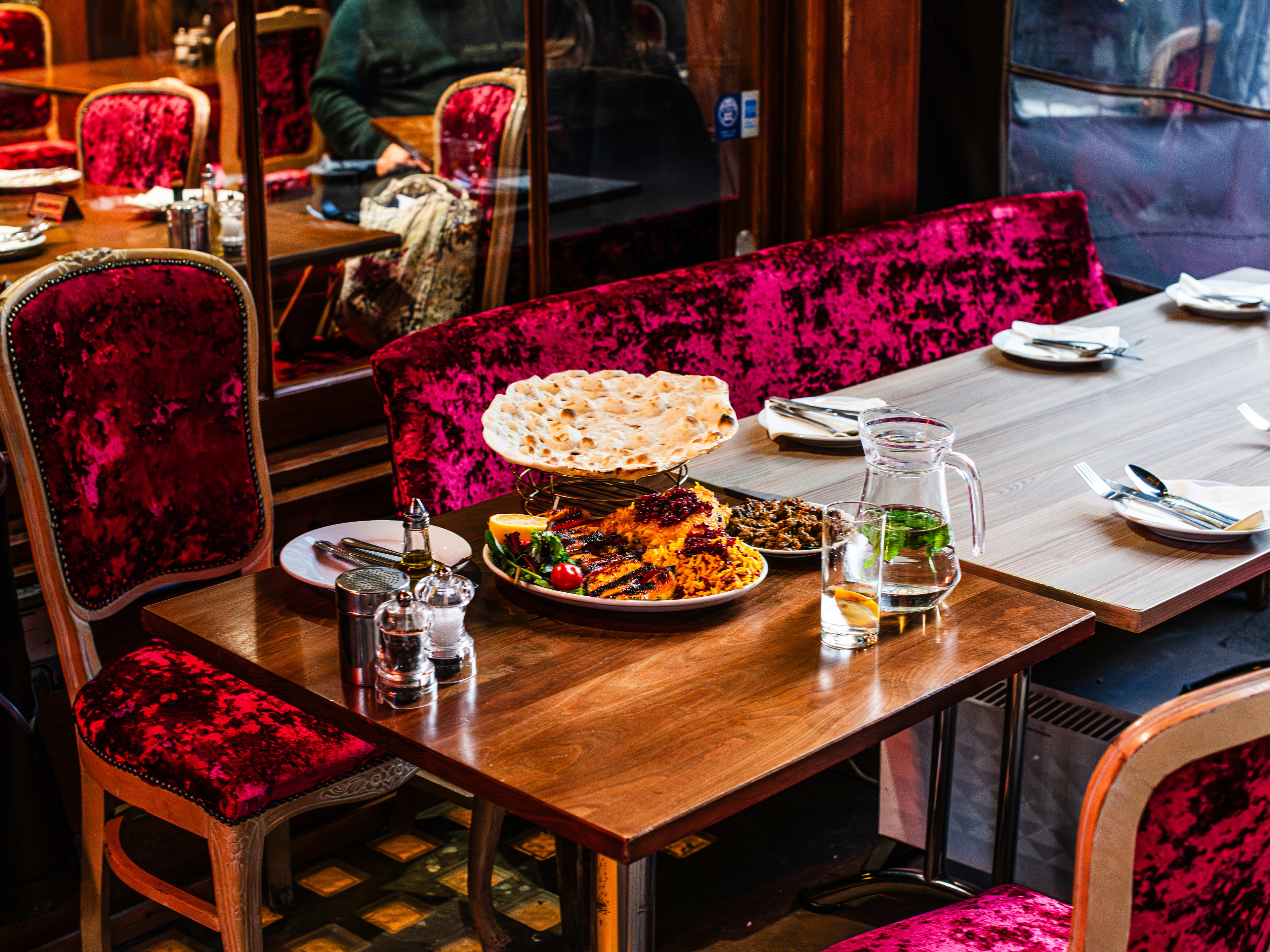 A food spread at Iran Restaurant in Mayfair, London.