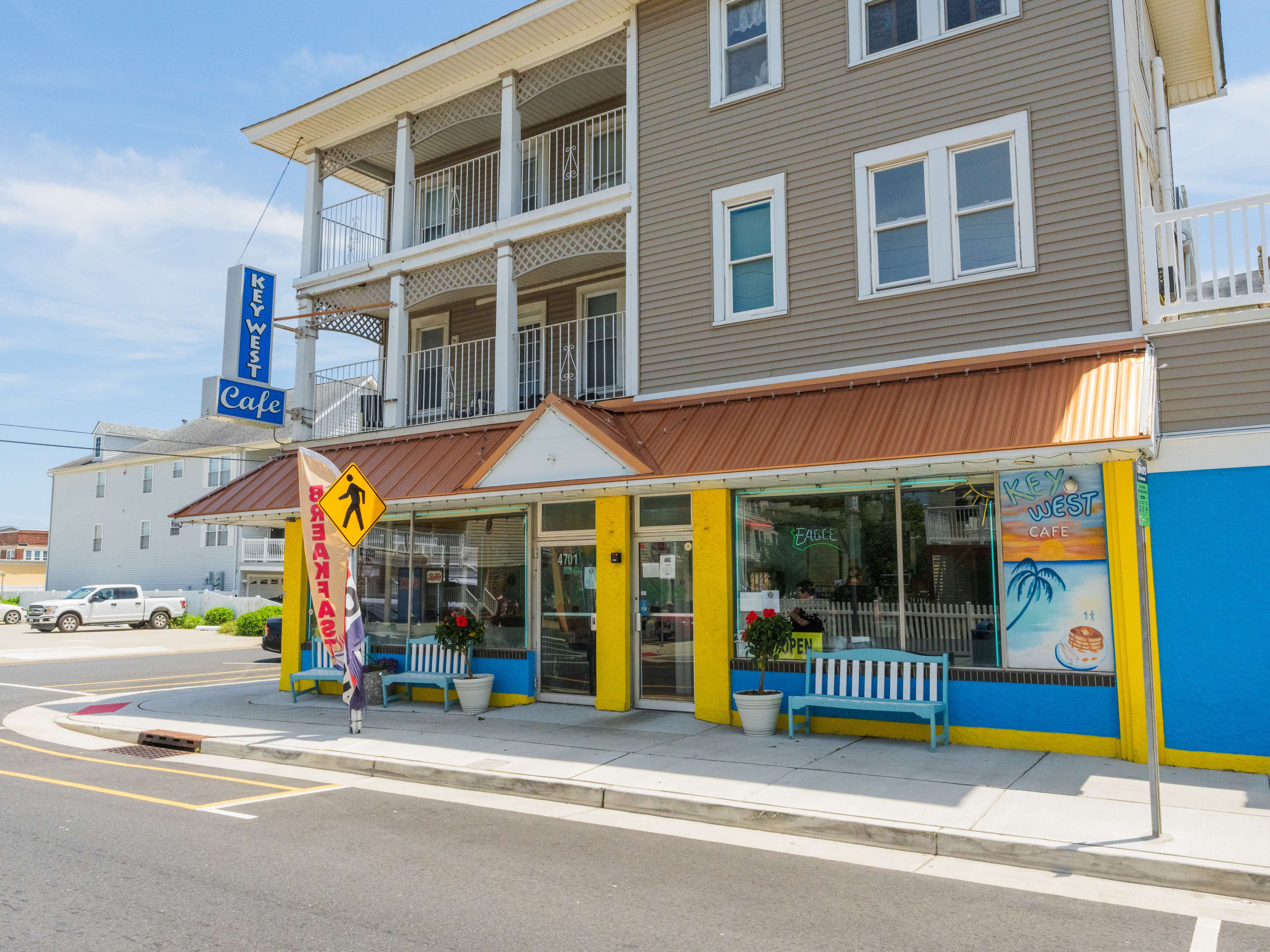 The exterior of a colorful cafe in Wildwood