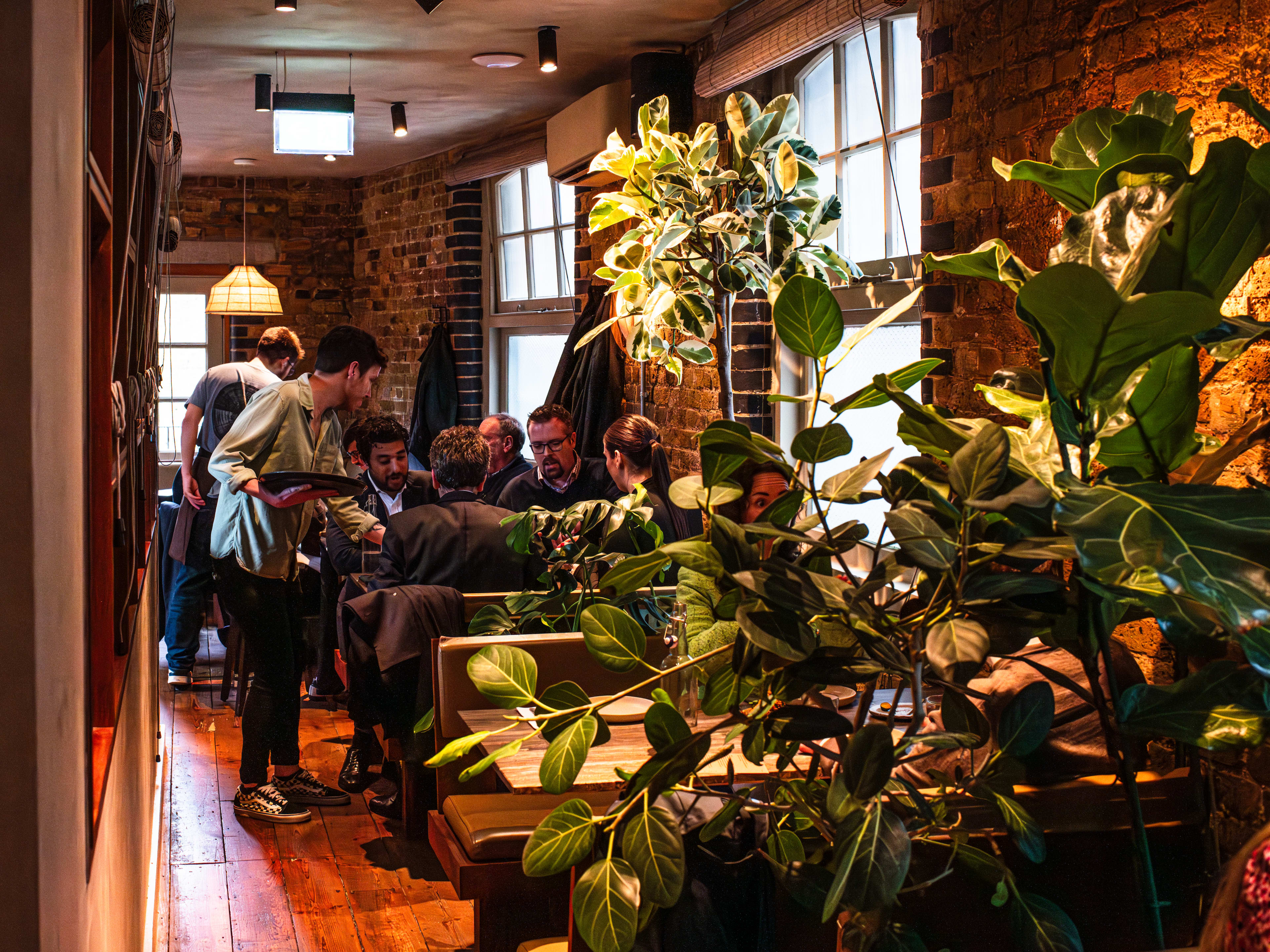 People sit at booths inside plant covered Kolae.