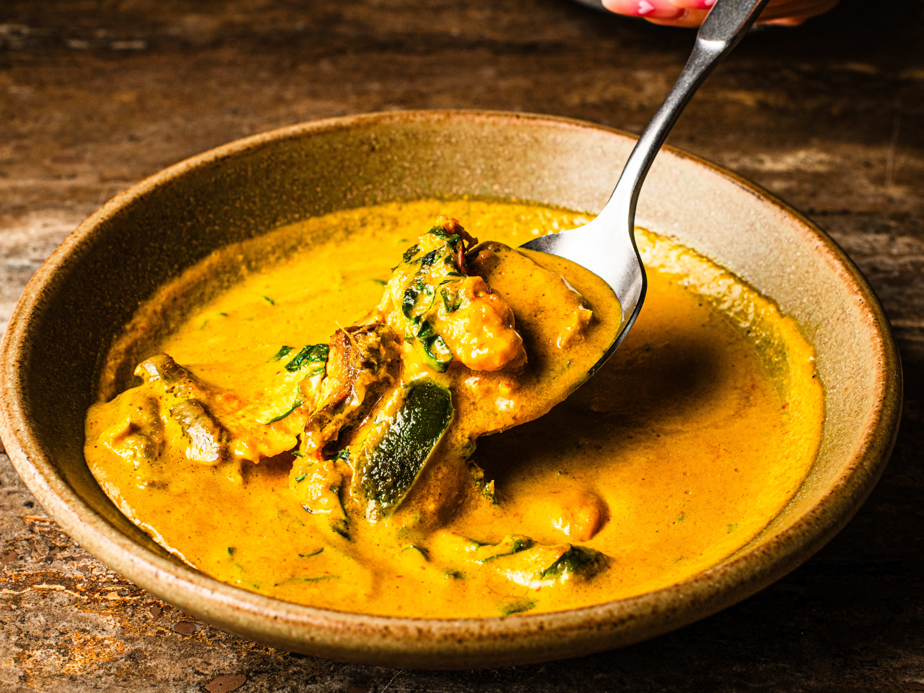 A spoon digs into a bowl of southern gati curry.