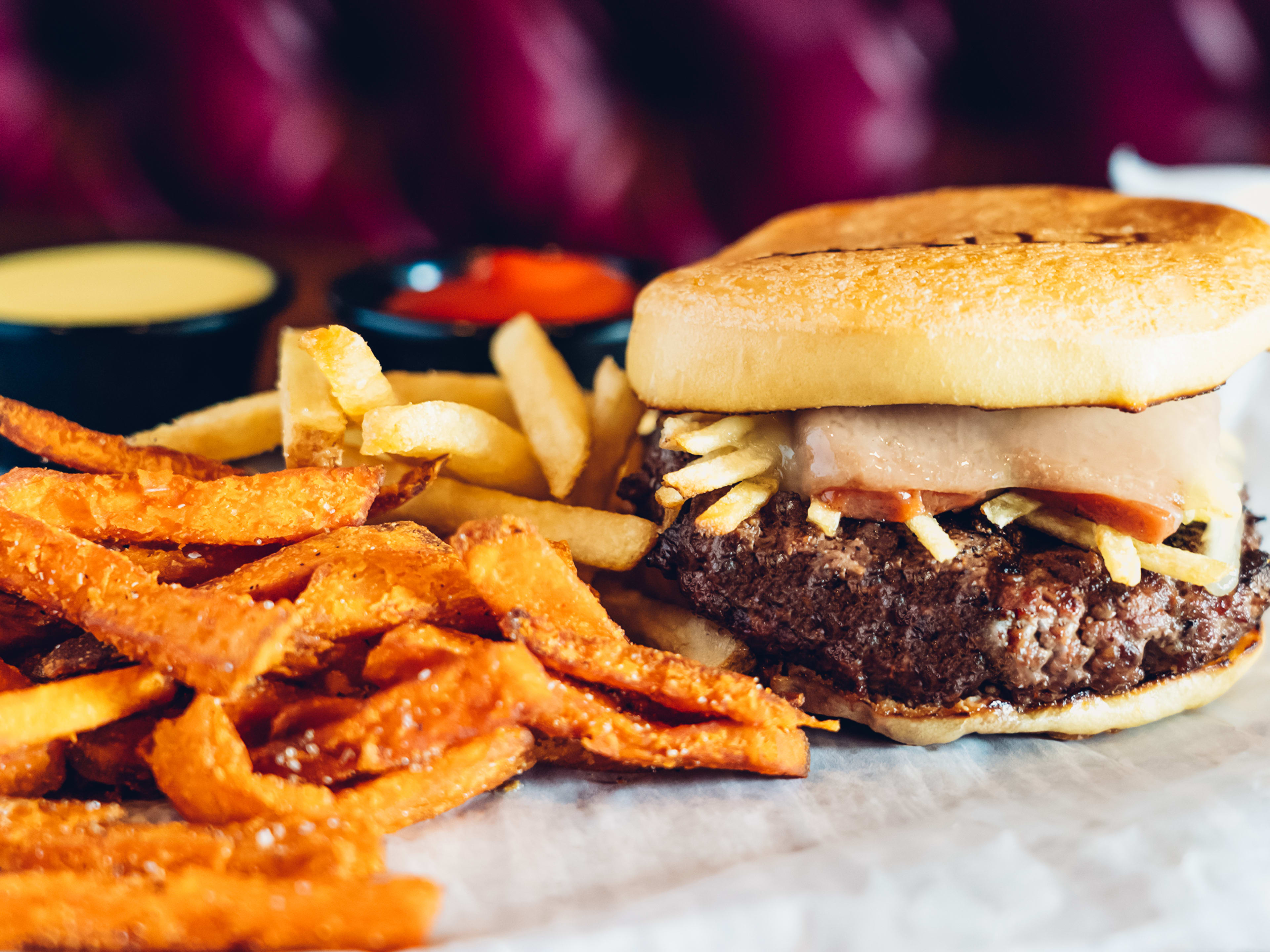 Burger and sweet potato fries