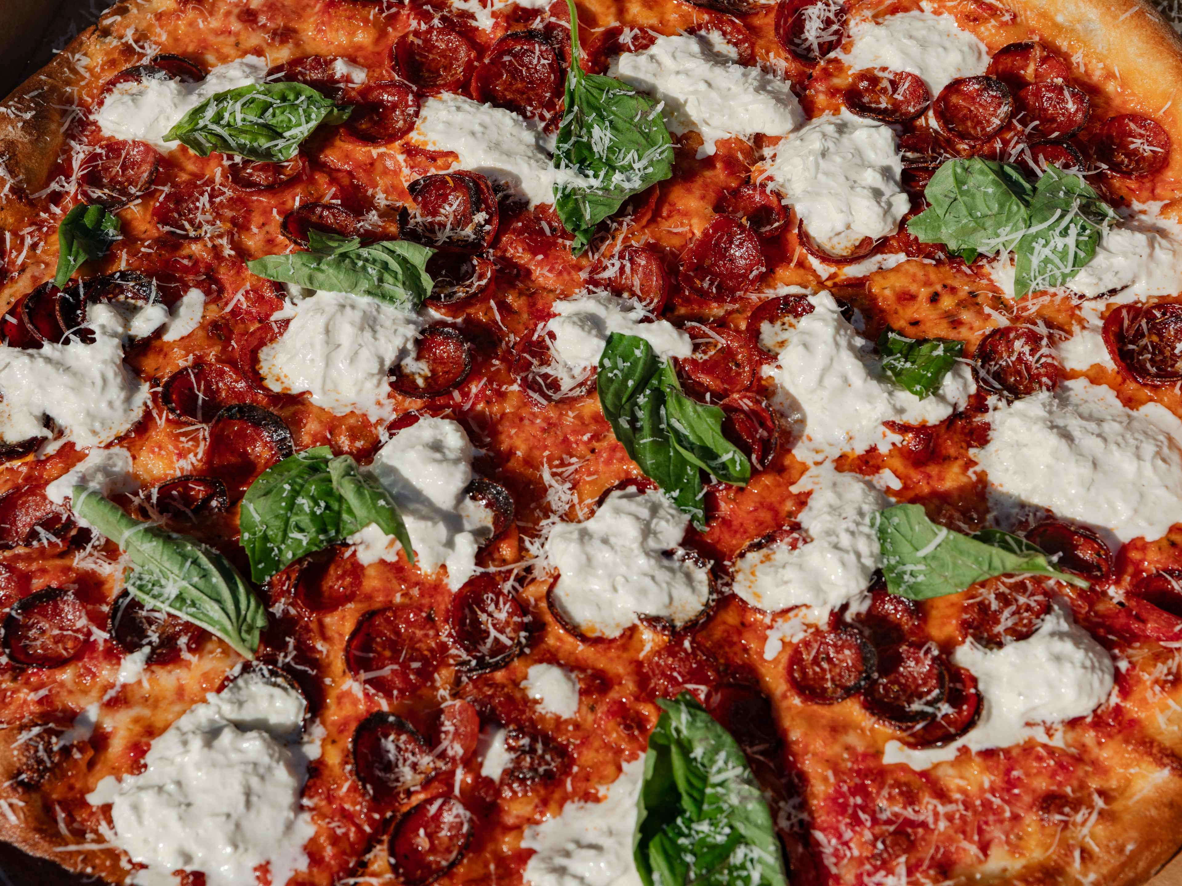 Sonny's Pepperoni with burrata and basil