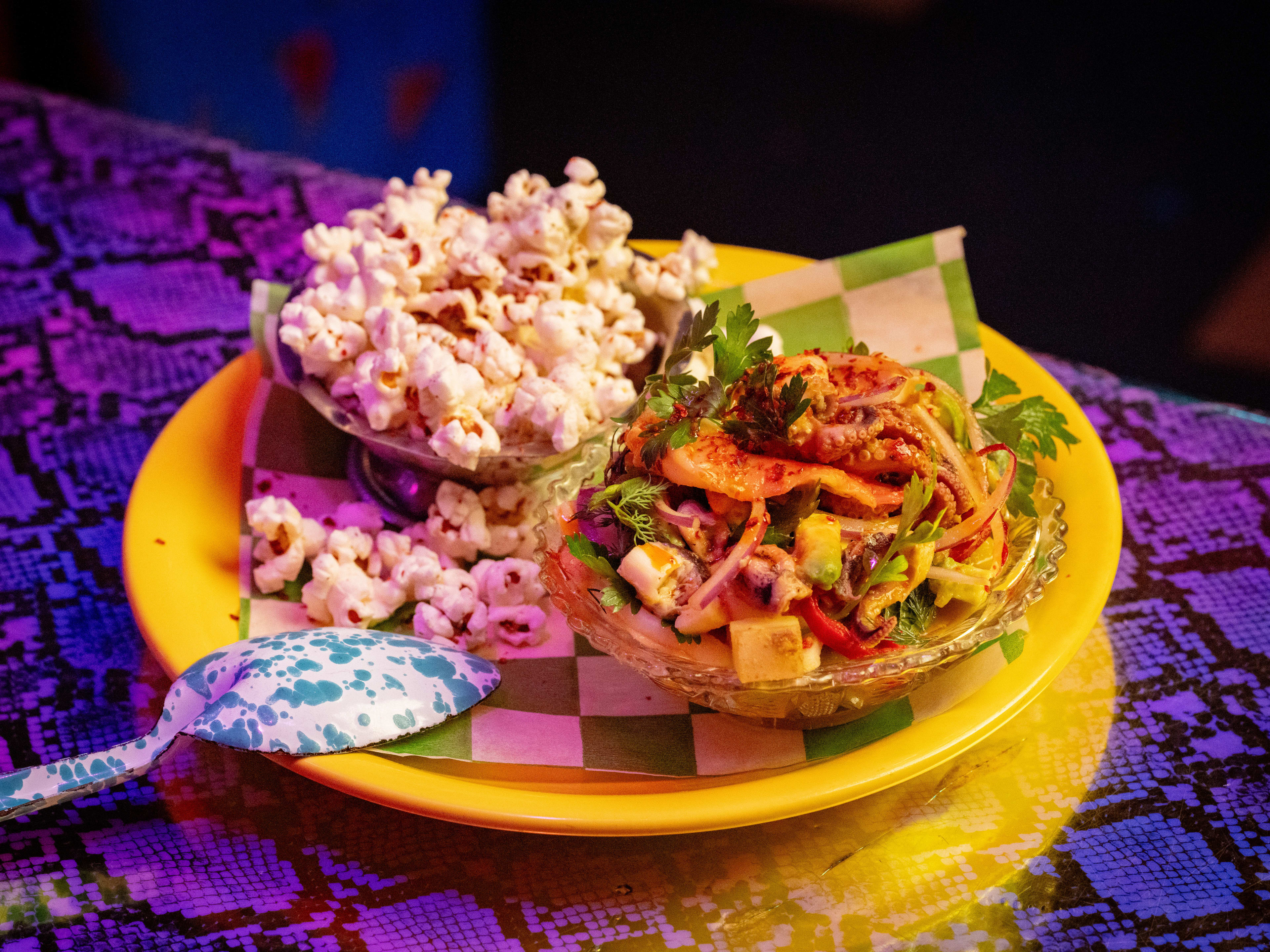 Ceviche mix served with popped corn at Lil Deb's Oasis