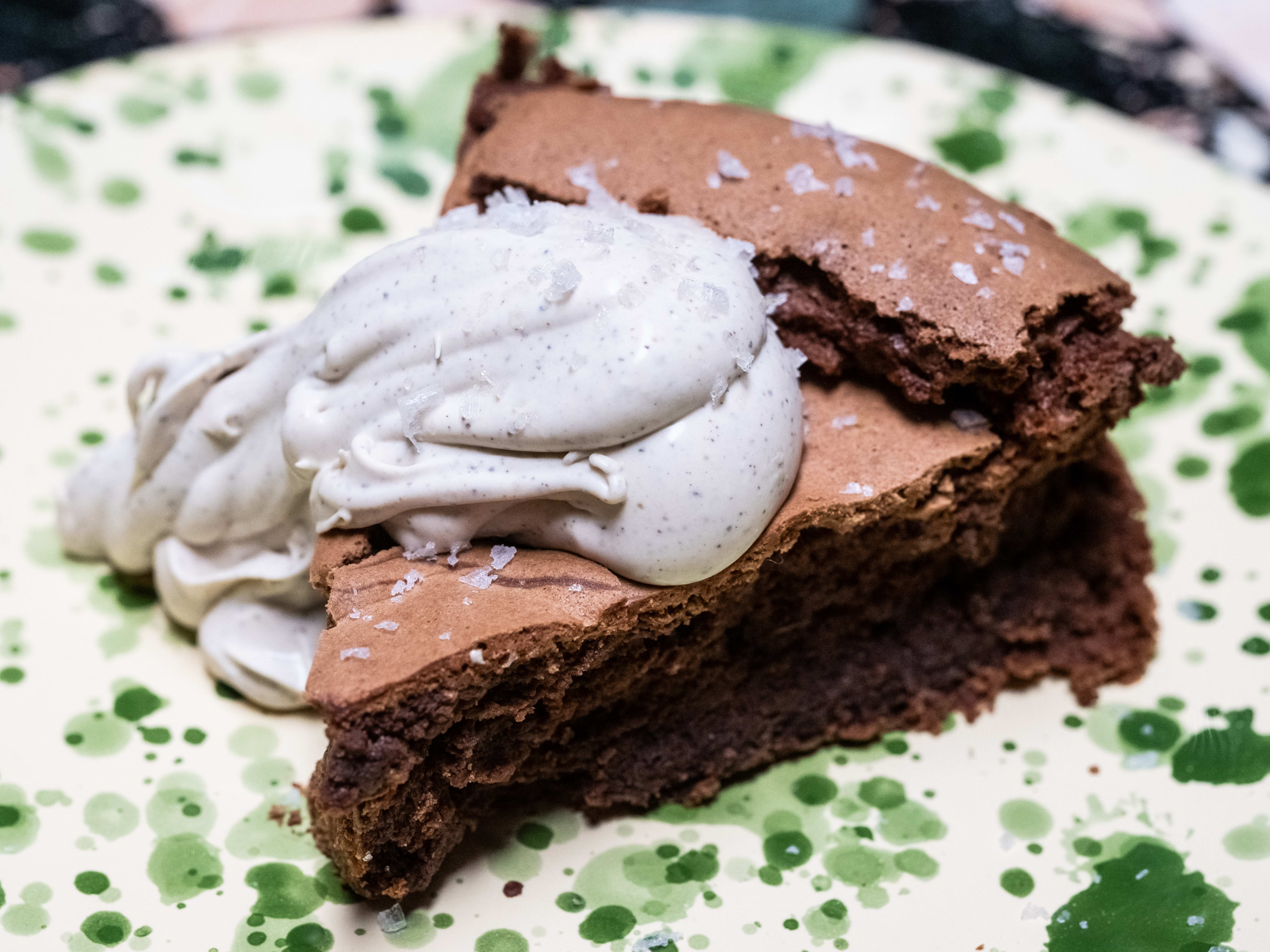 Dark chocolate cake topped with mascarpone espresso cream