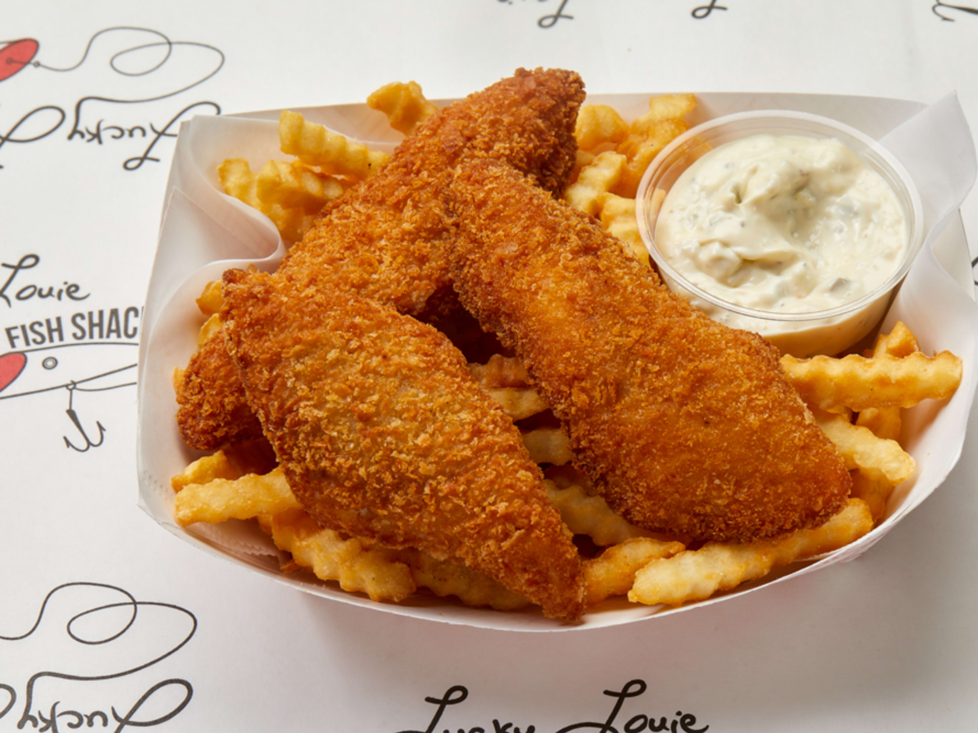 fried fish and crinkle cut fries with tartar sauce