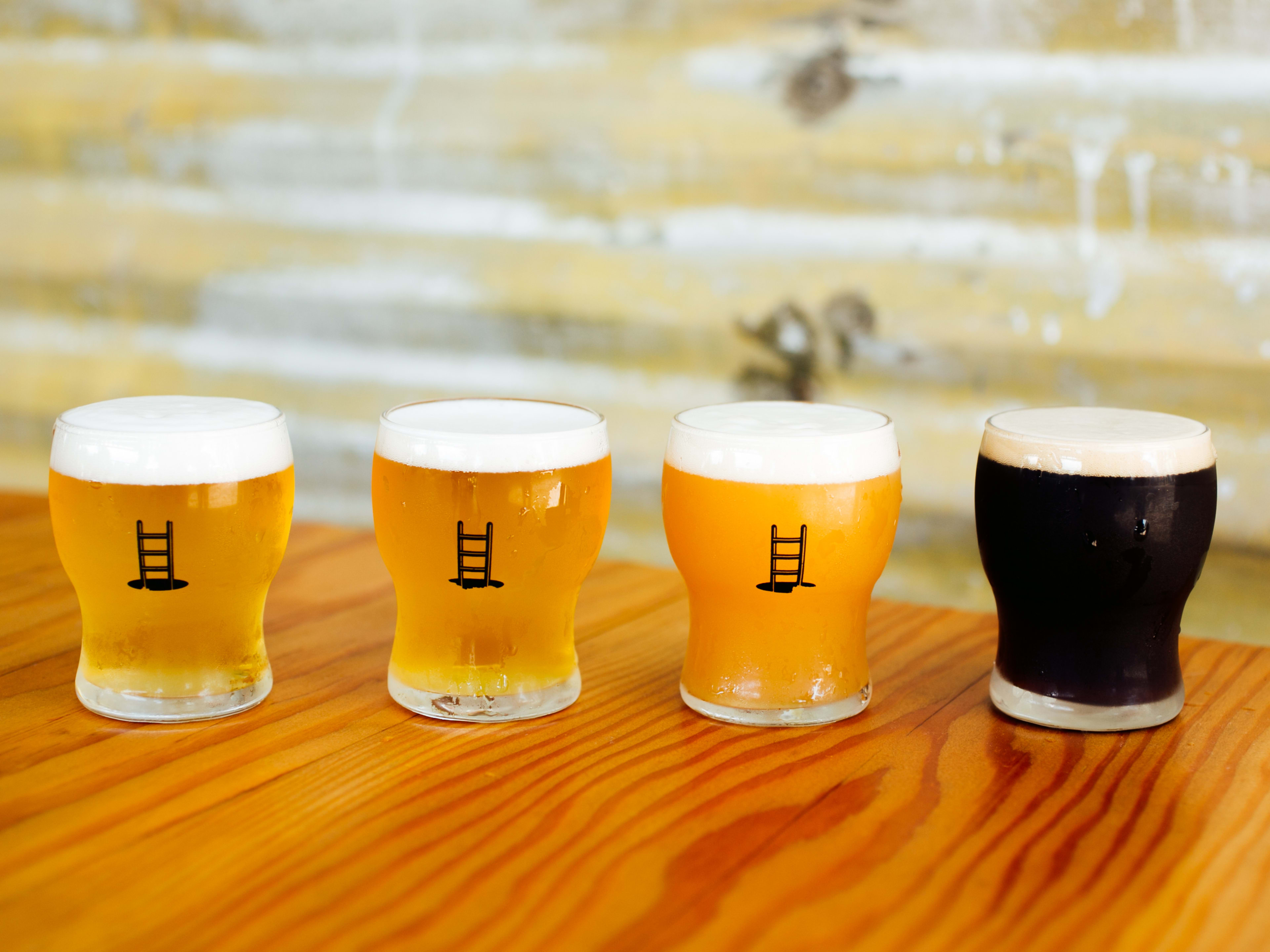 A flight of four different beers from Hold Out Brewing ranging from light to dark.