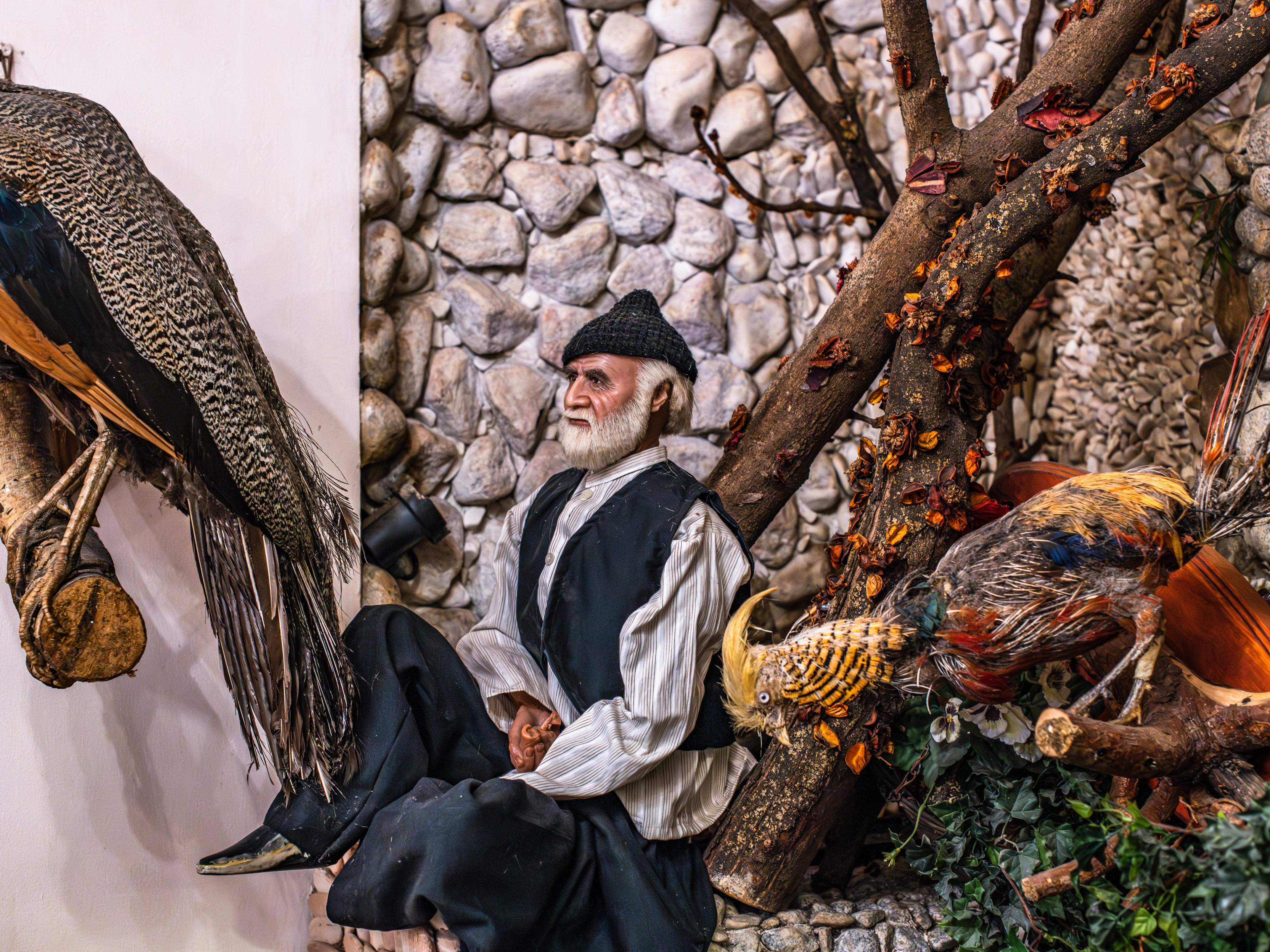 A sculpture of a person next to taxidermy birds, branches, and a stone wall.