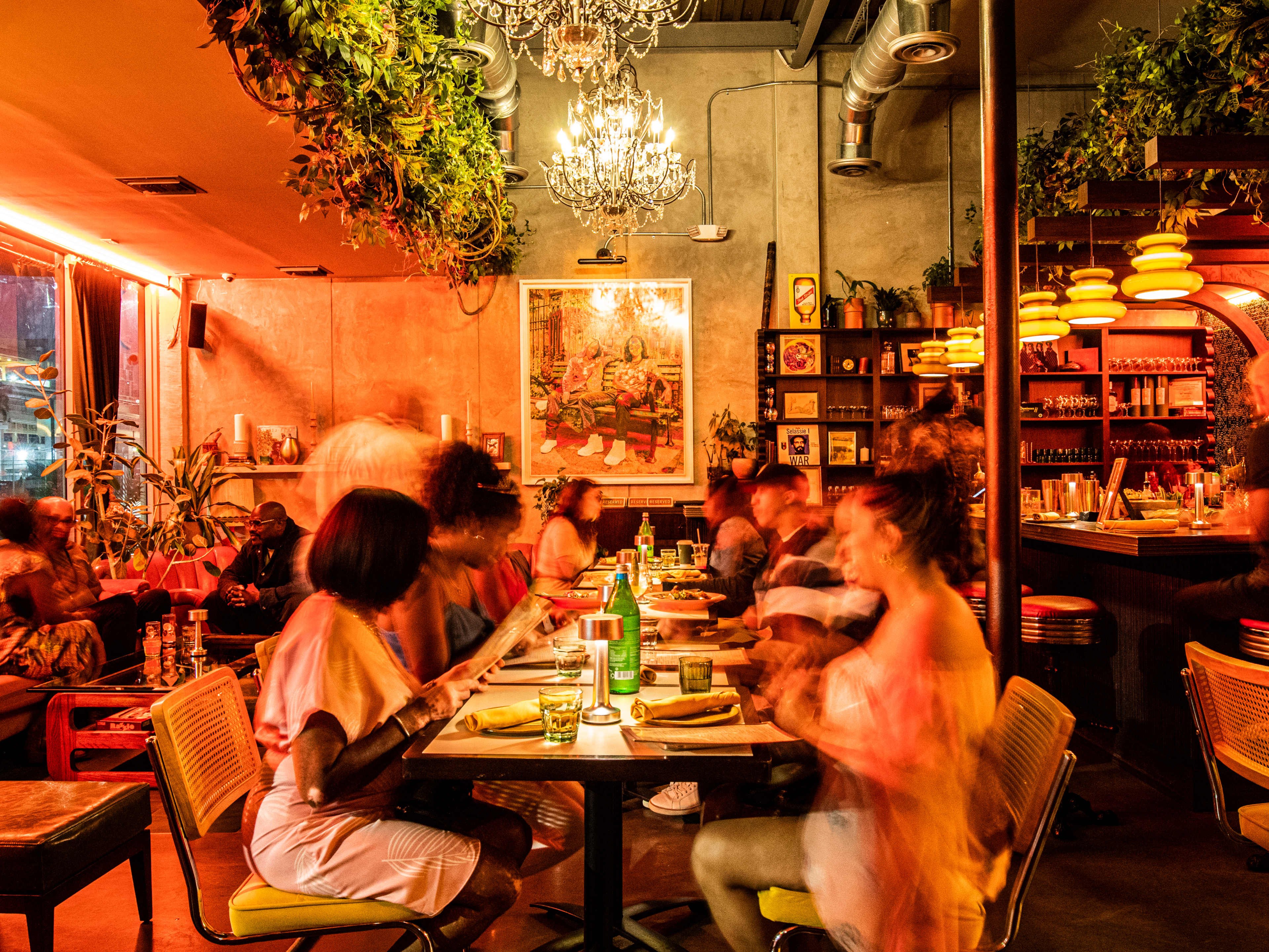 restaurant interior with mood lighting.