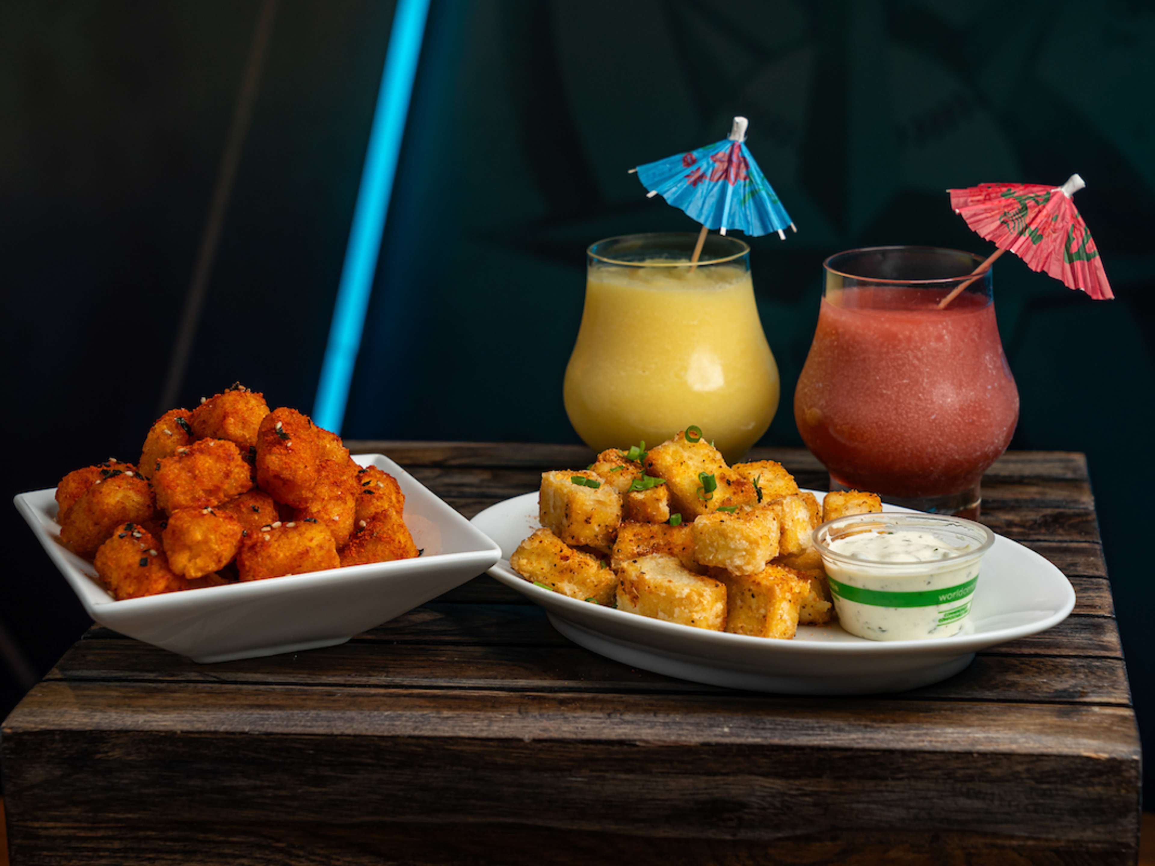 Tater tots, Tofu nuggets, and frozen cocktails