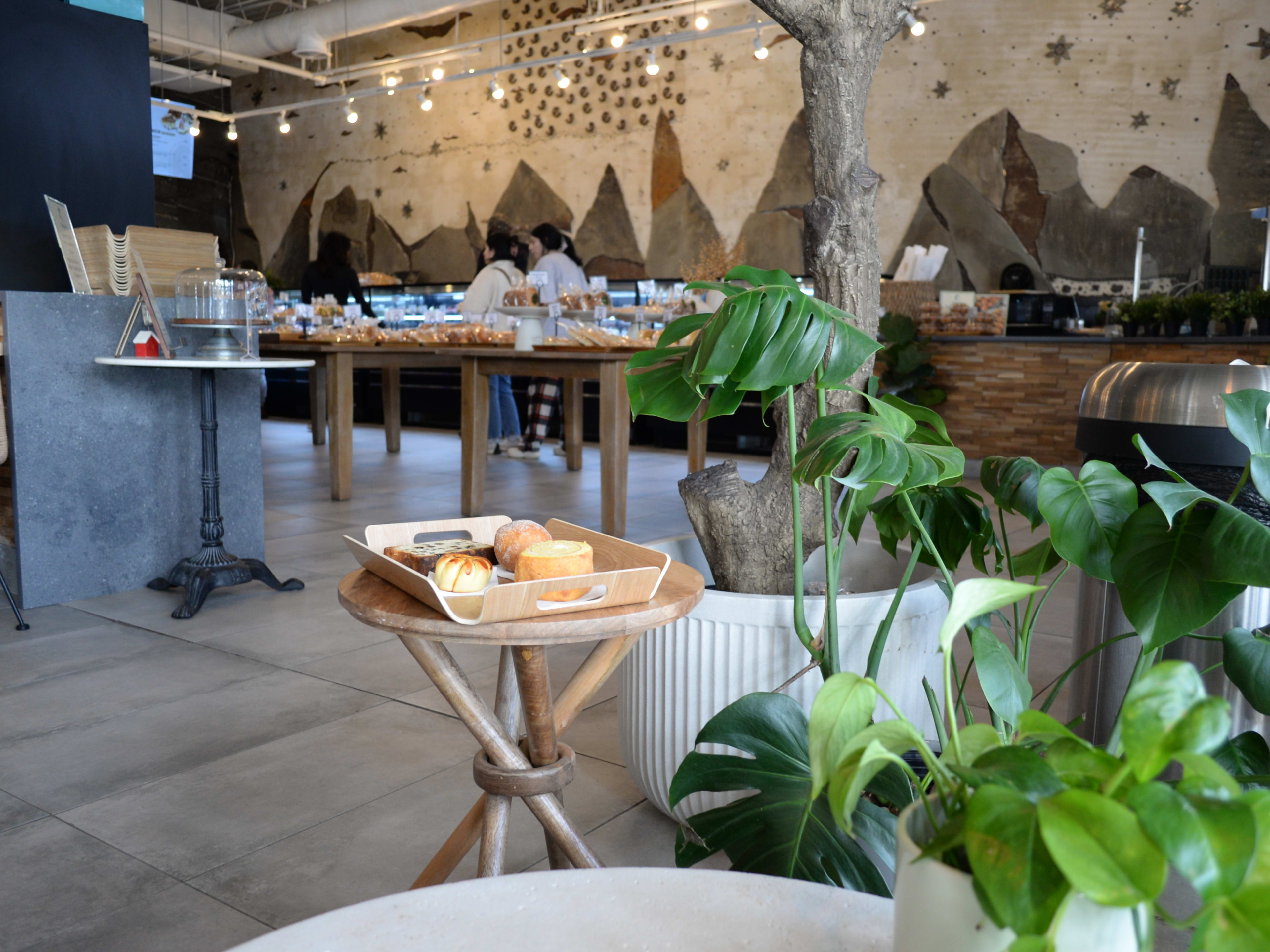 Interior of bakery filled with plants and wicker furniture, tray of pastries is pictured on a wooden stool.