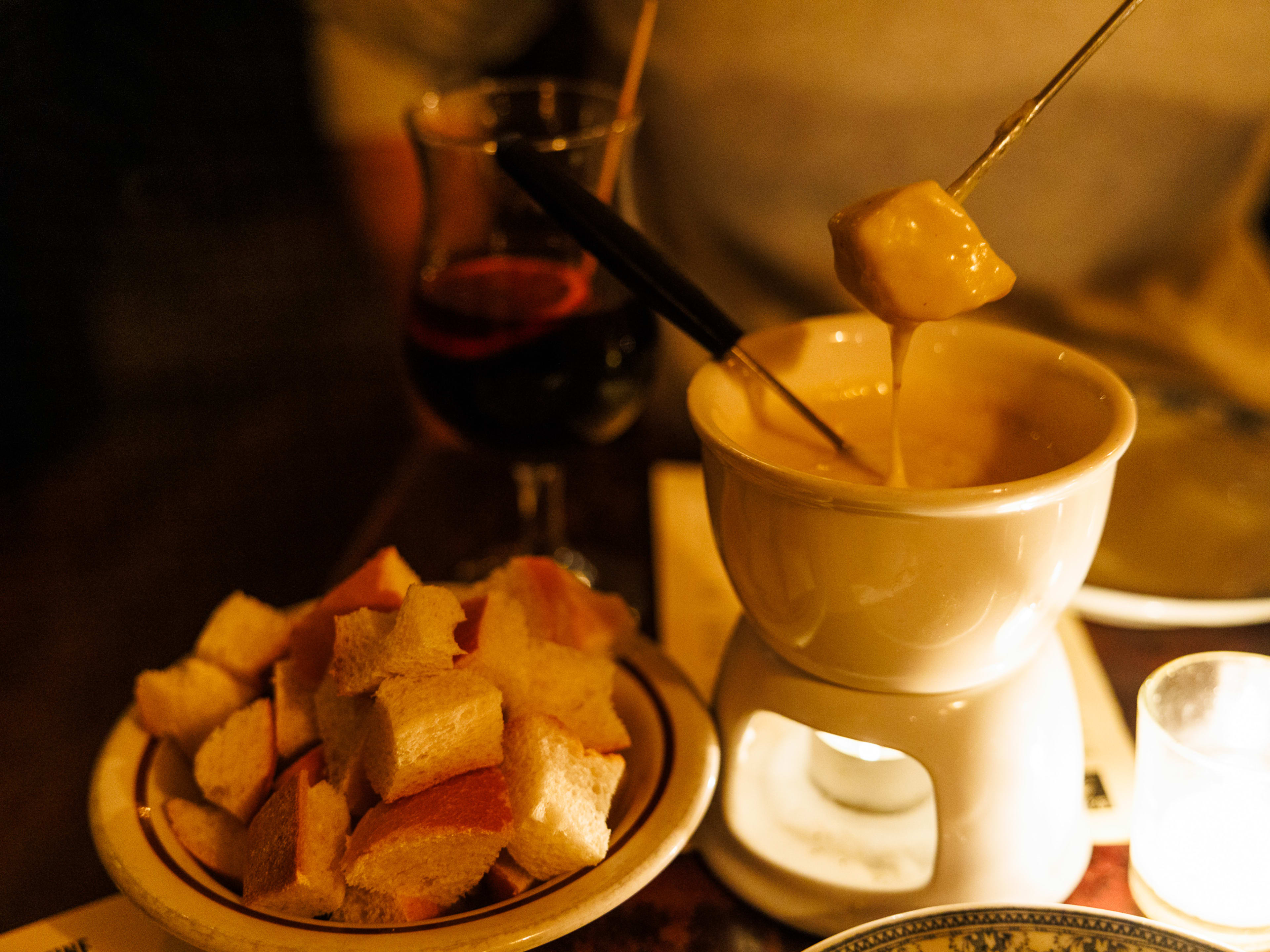 The cheese fondue with cubed bread at Black Mountain Wine House.