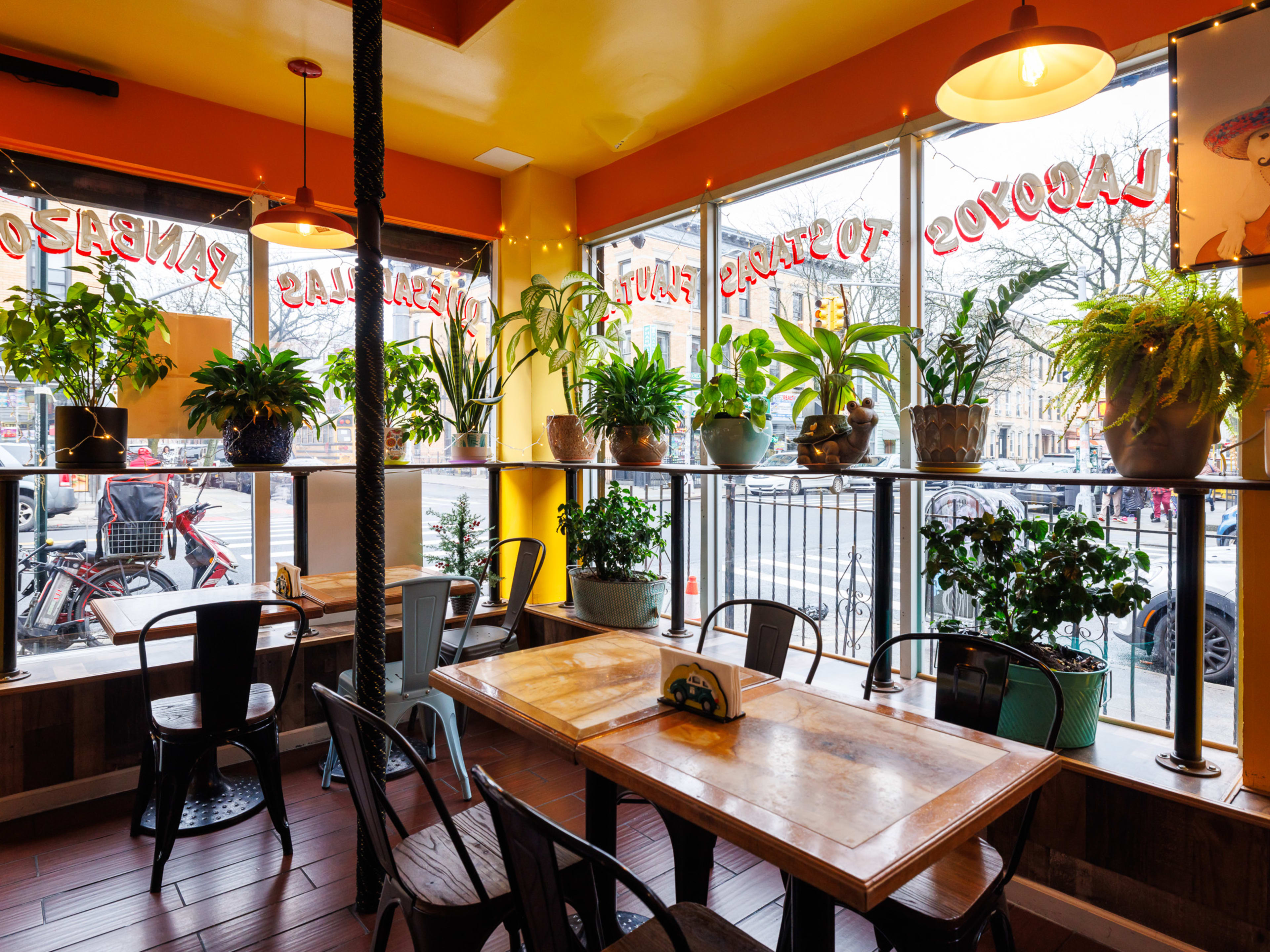 The interior of a restaurant with big windows, potted plants, and yellow walls.