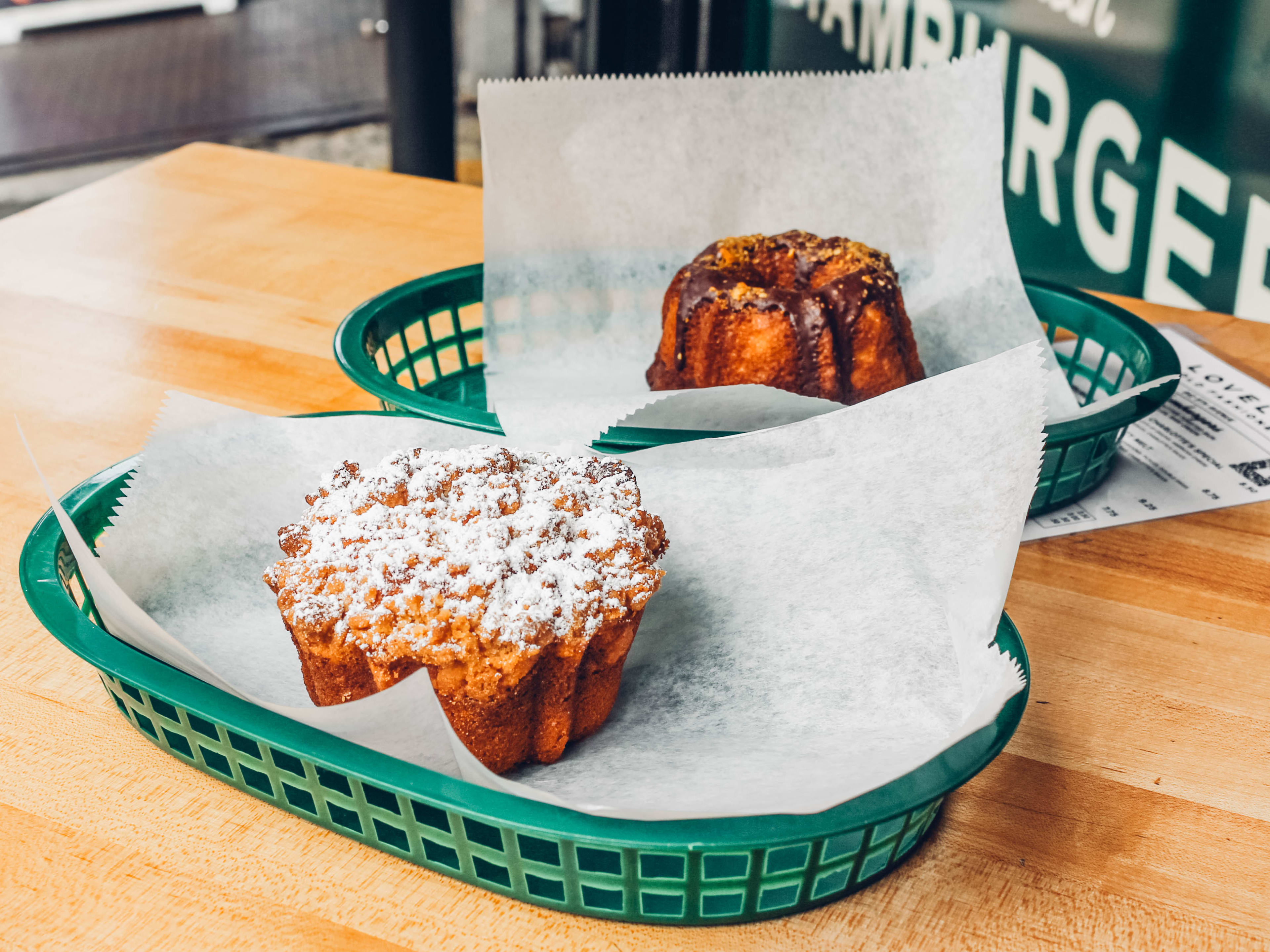 The pistachio chocolate swirl bundt cake and the NYC coffee crumb cake from Lovely’s Old Fashioned.