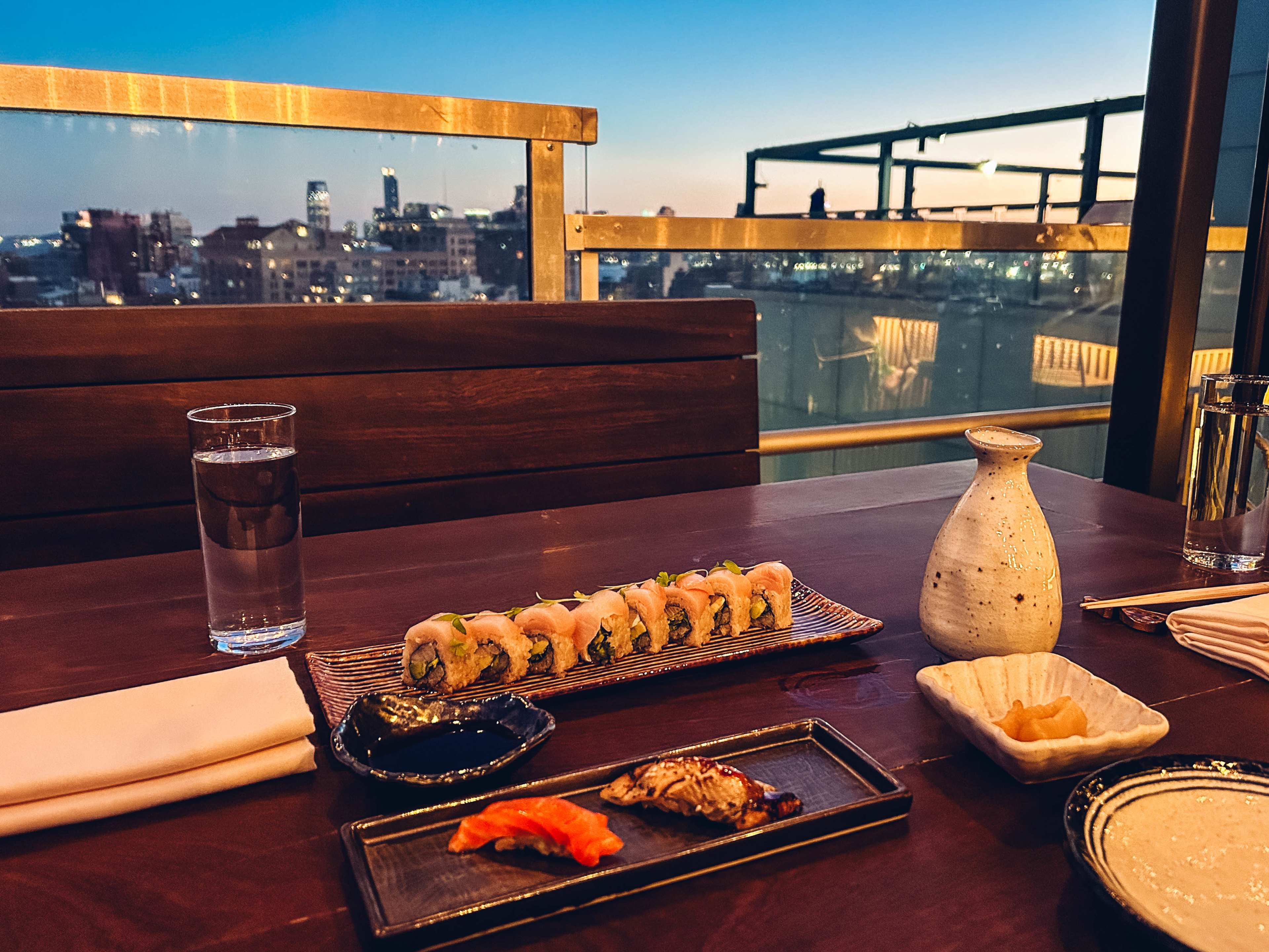 Plates of sushi on a table.