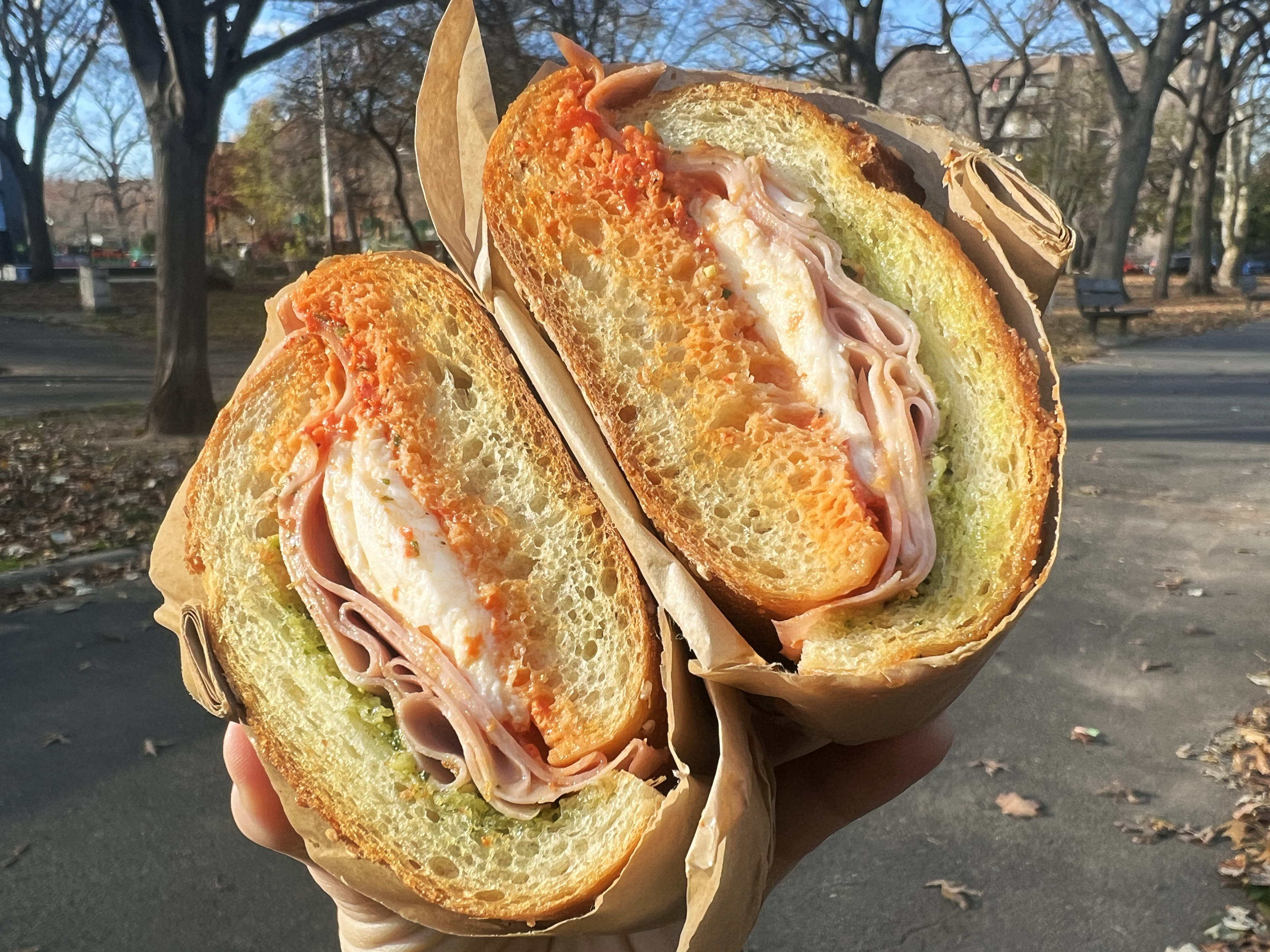 A mortadella sandwich from Salvo's in the park.