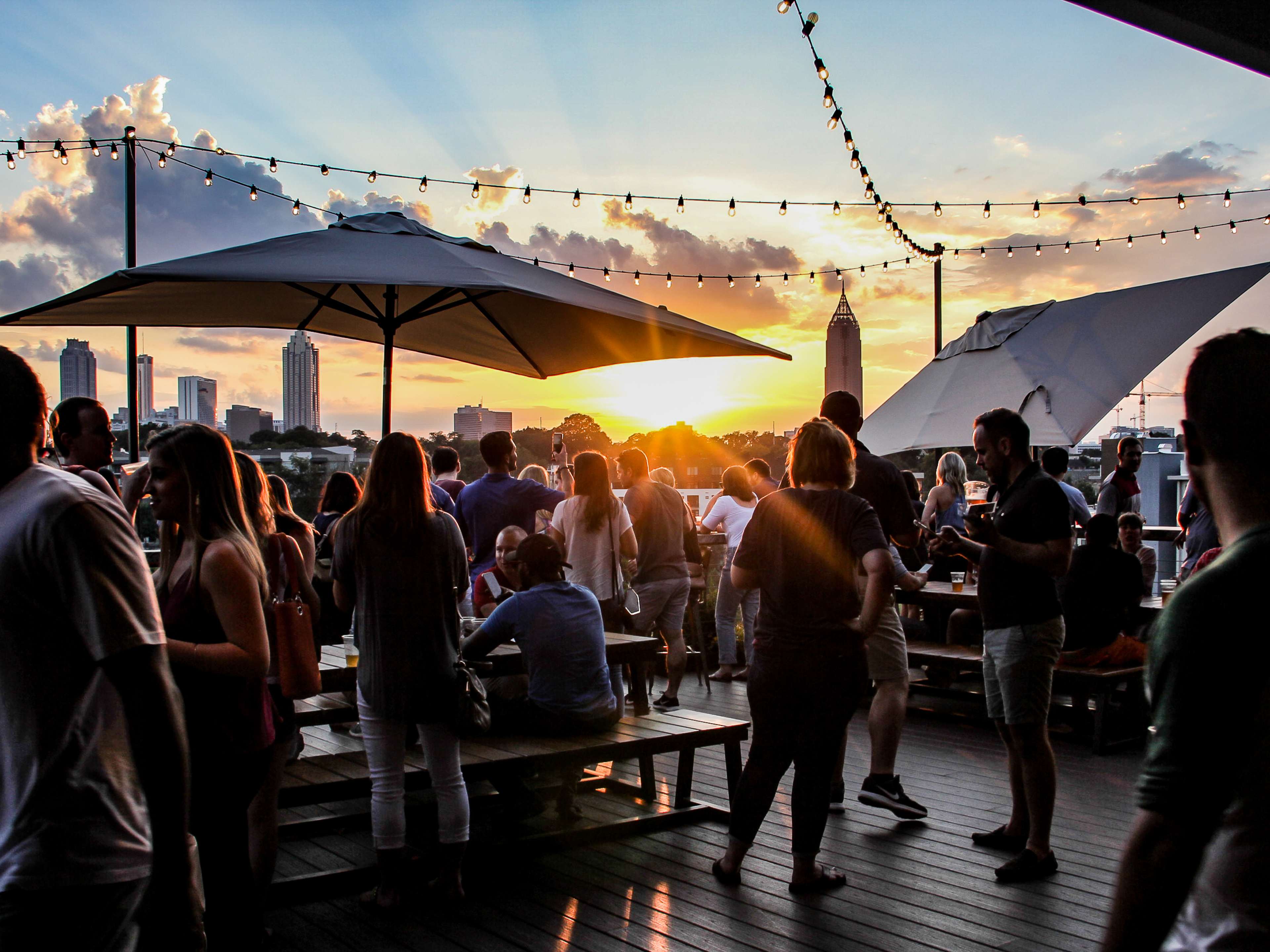 The New Realm rooftop at sunset.