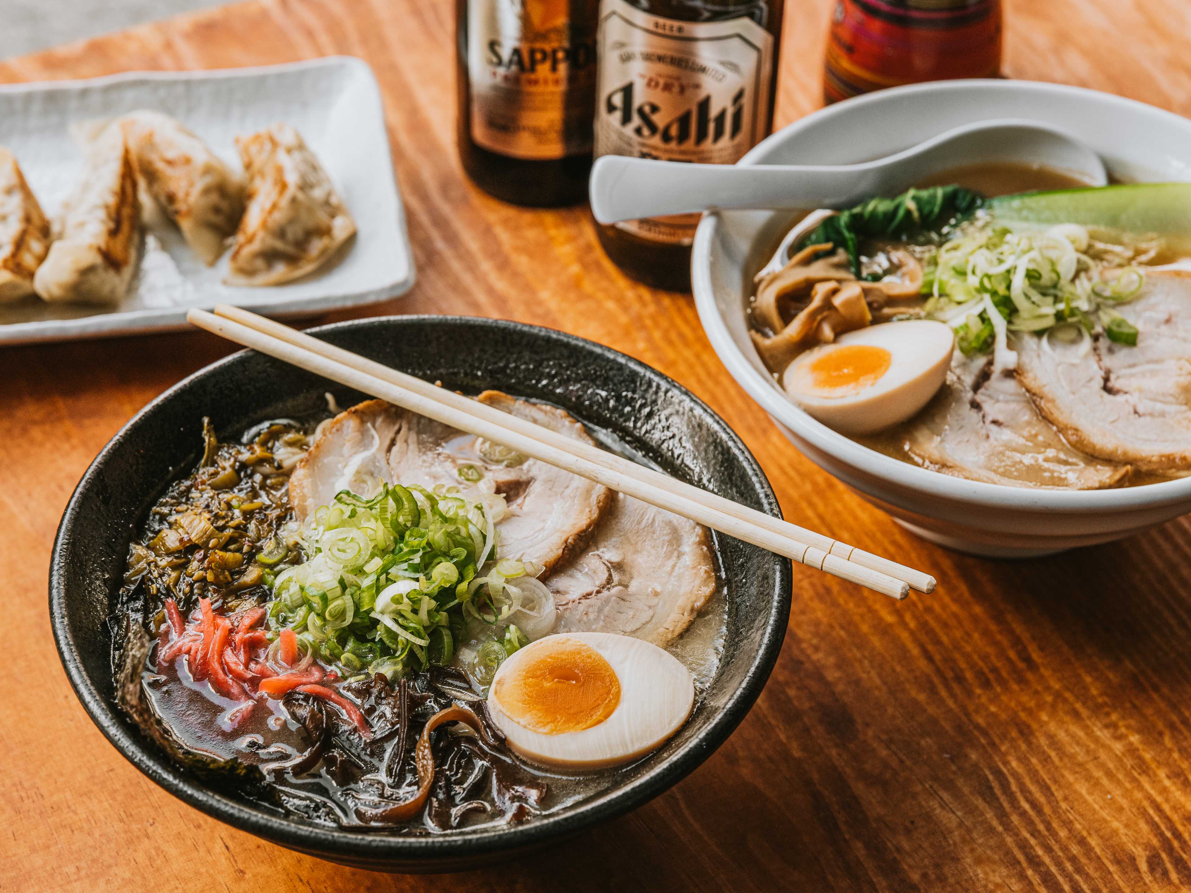 Spread of ramen and dumplings at Niko Niko Ramen