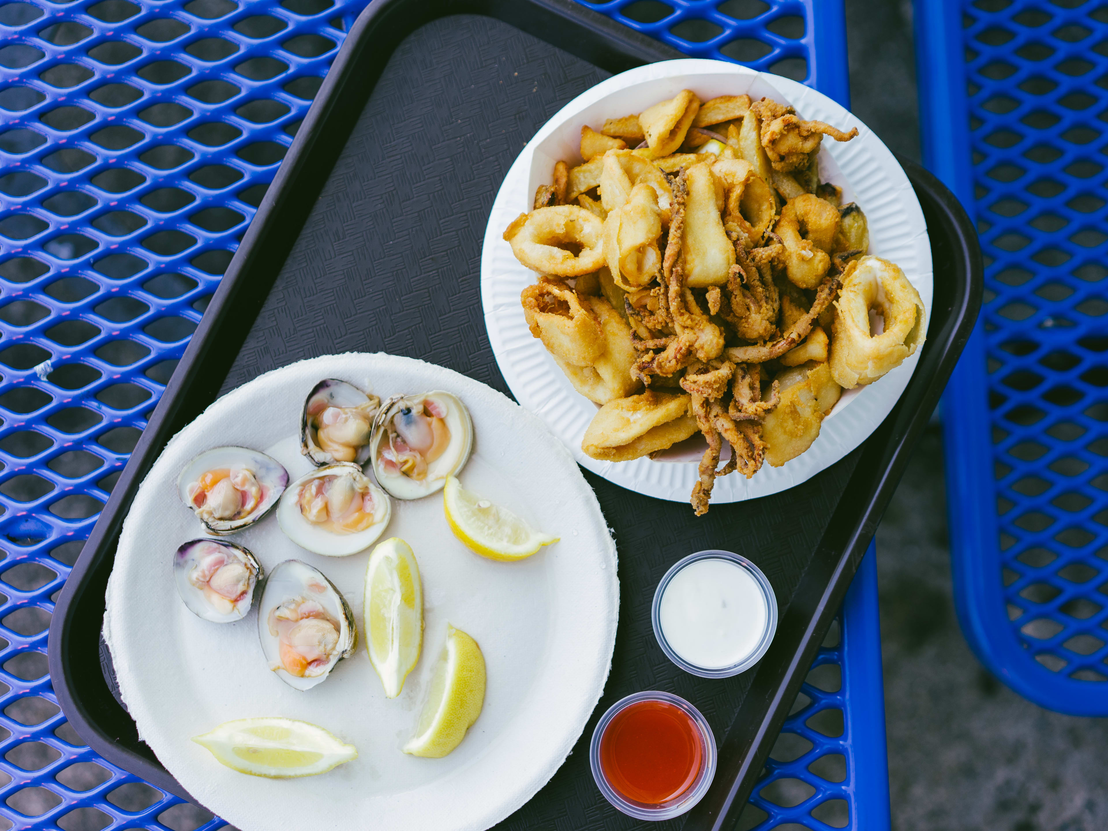 Fried squid and raw clams on paper plates sitting on a plastic tray on an outdoor table.