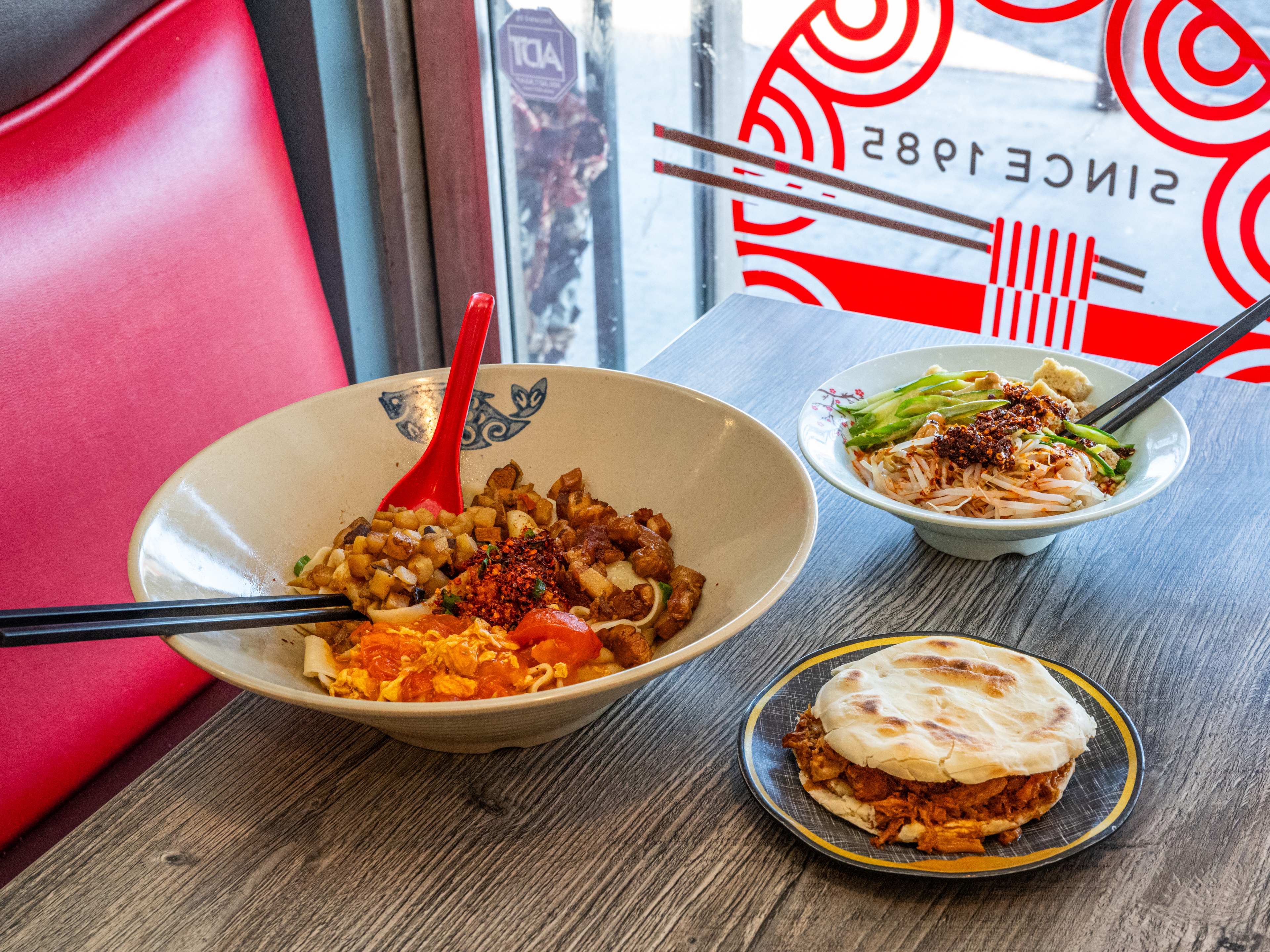 Noodle dishes on table