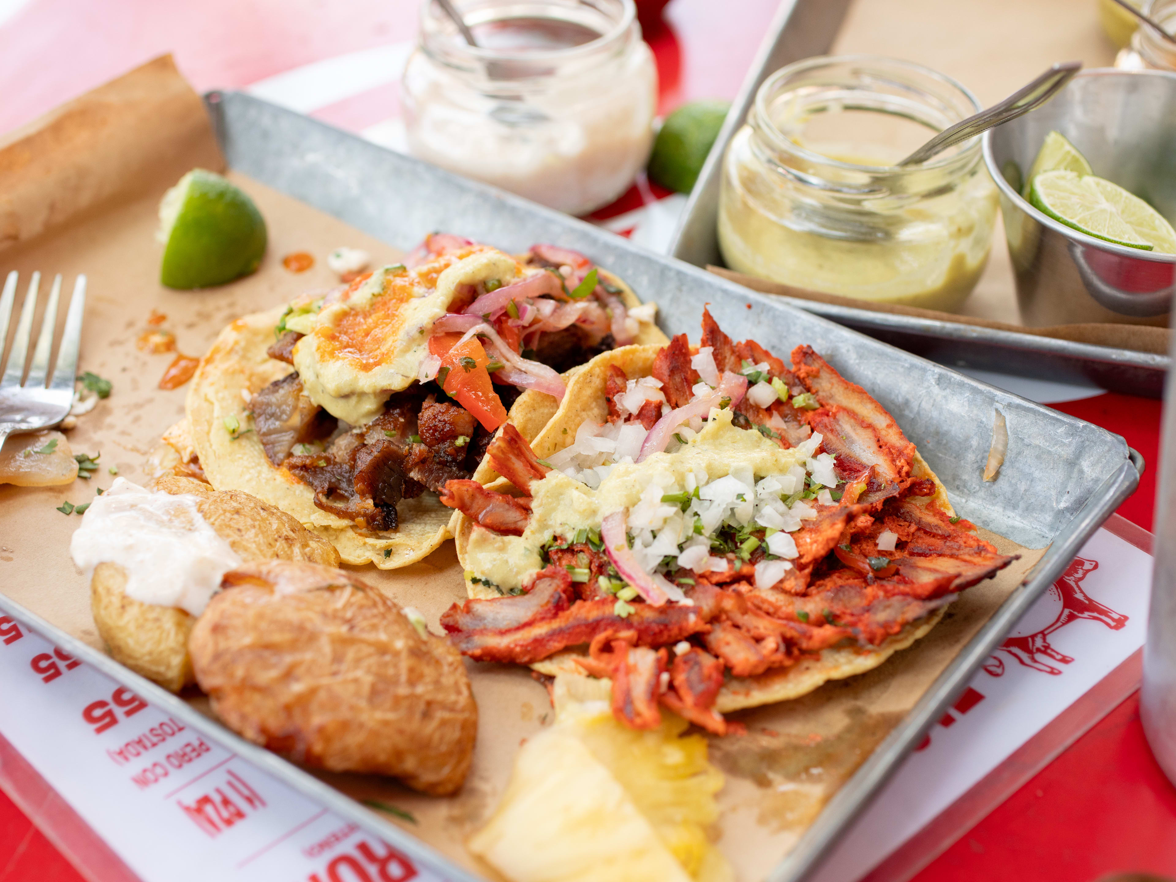 Different tacos on a tray at Taqueria Orinoco in Mexico City