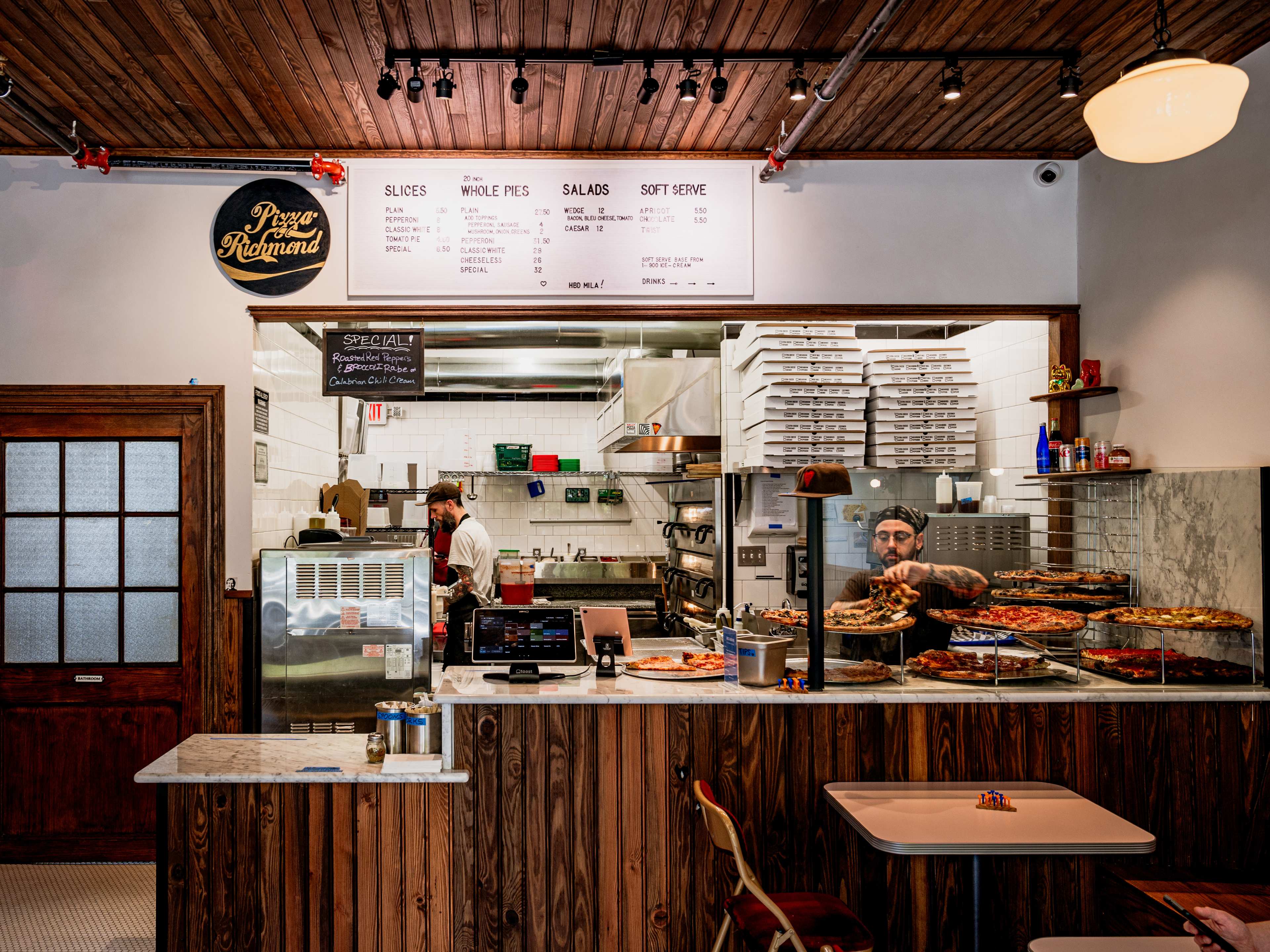 This is the interior of Pizza Richmond.