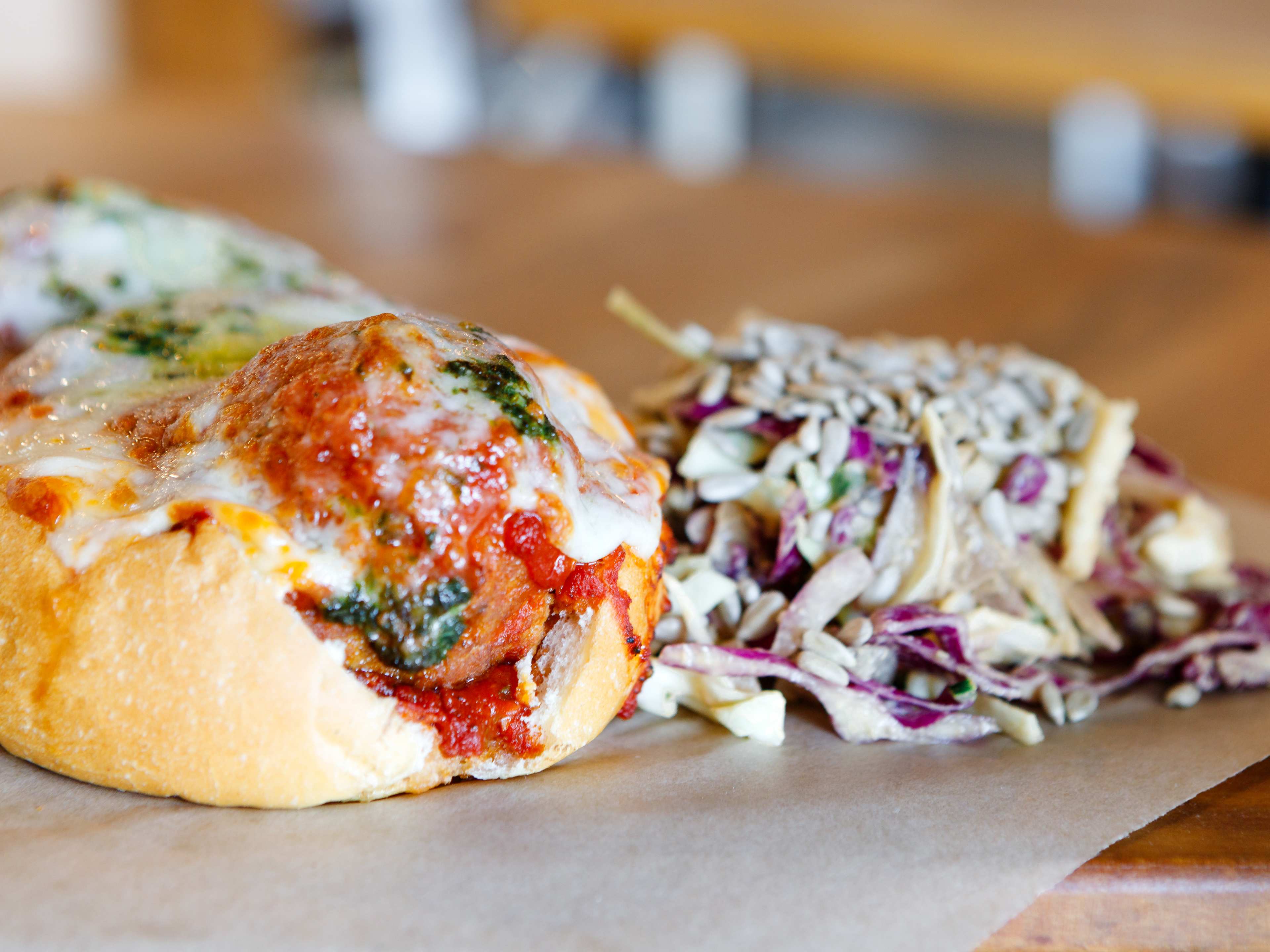 the meatball sub with a side cabbage salad from Ploughman’s Deli & Cafe.