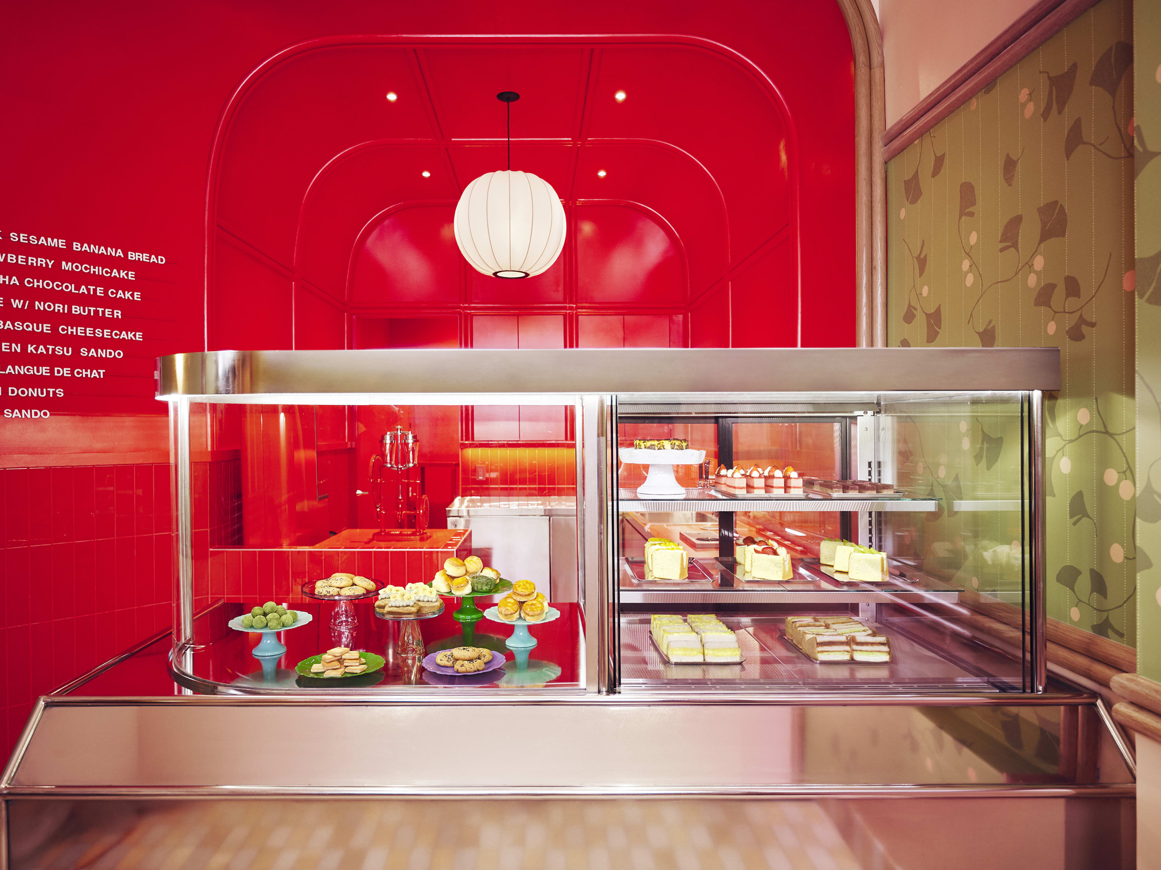 The interior of a bakery painted candy apple red.