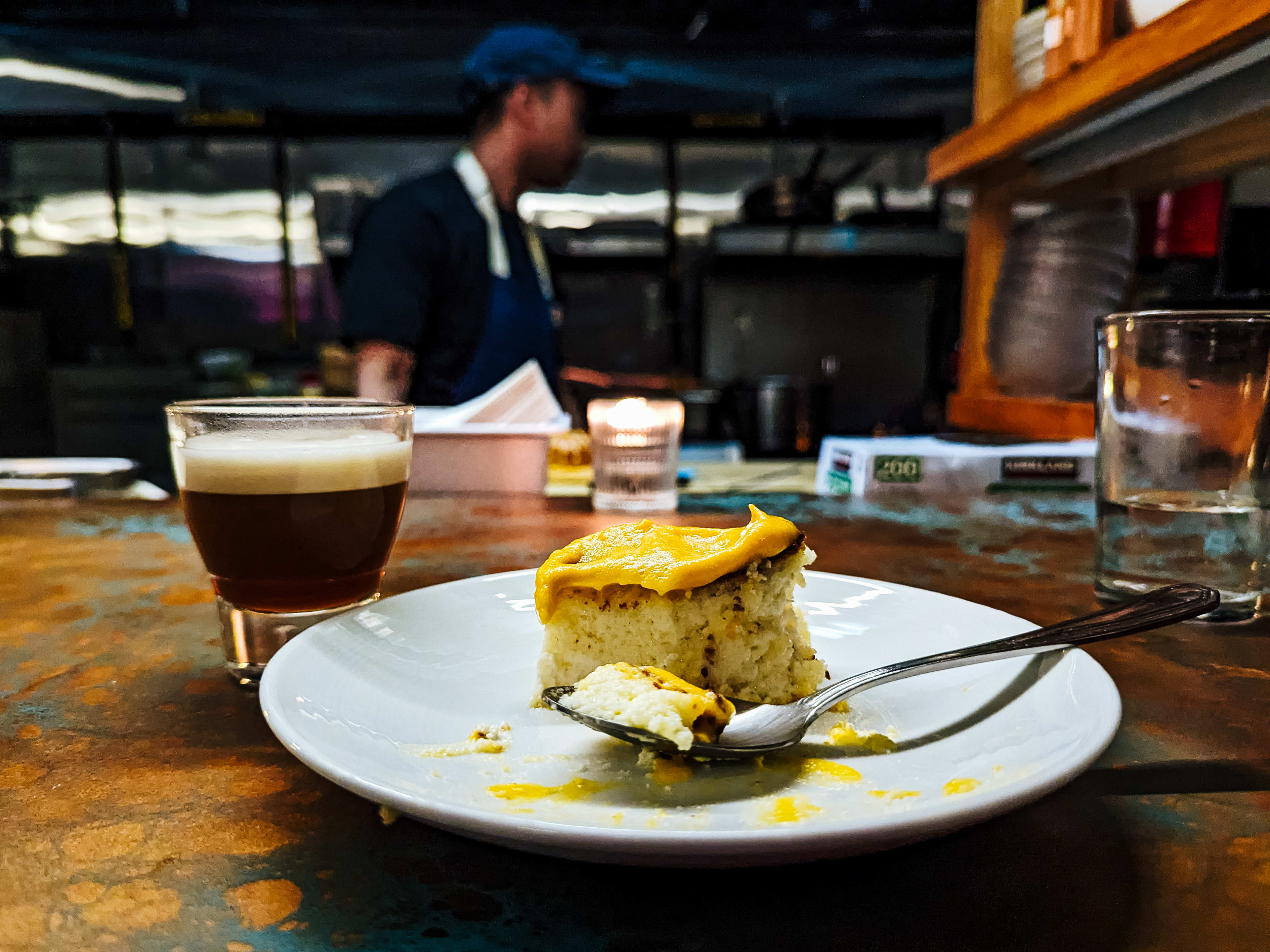 Basque cheesecake with espresso martini at the chef's counter at Ramro.