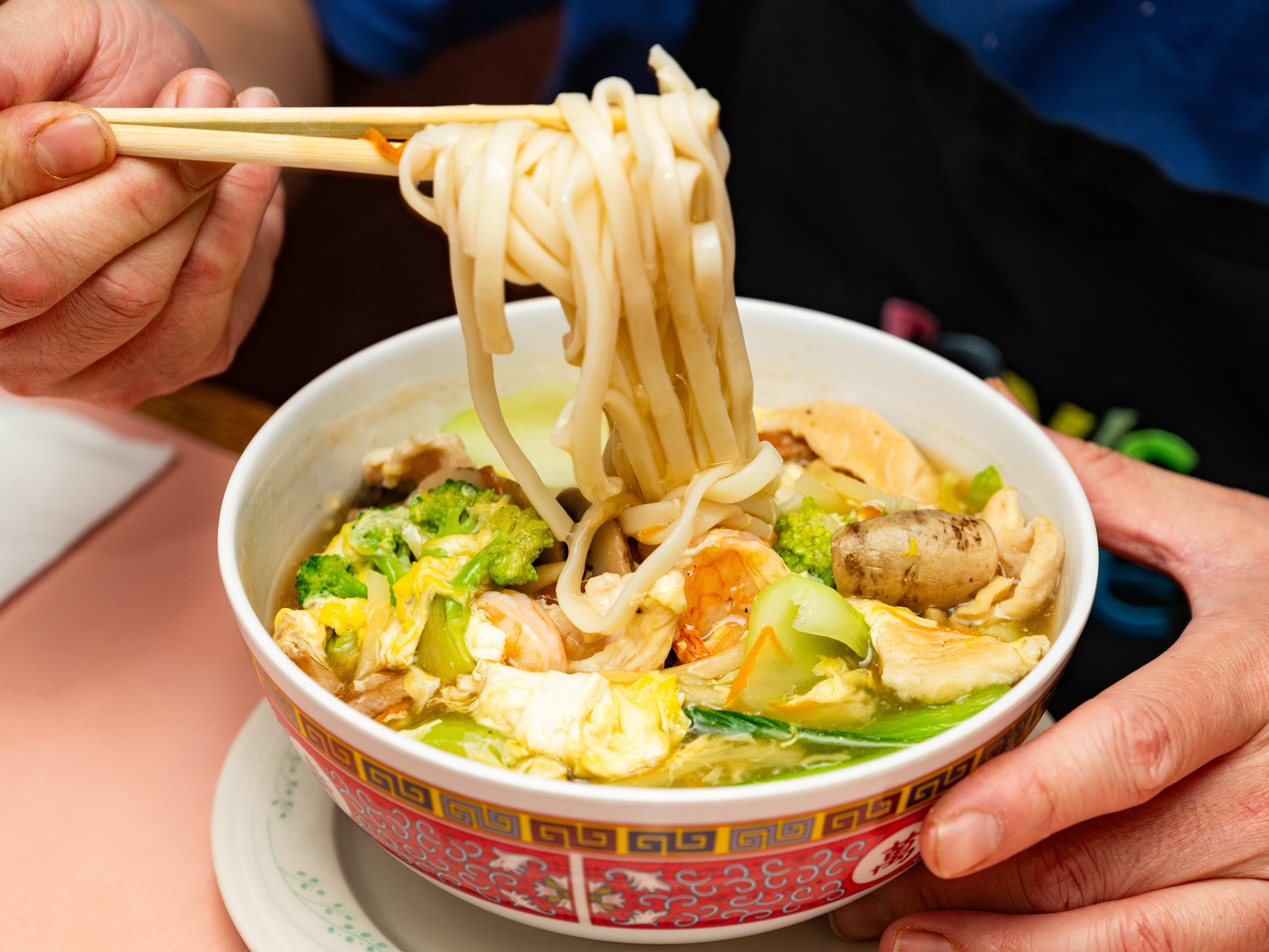 The house special soup with shrimp, egg, and broccoli at Ray's Cafe & Tea House.