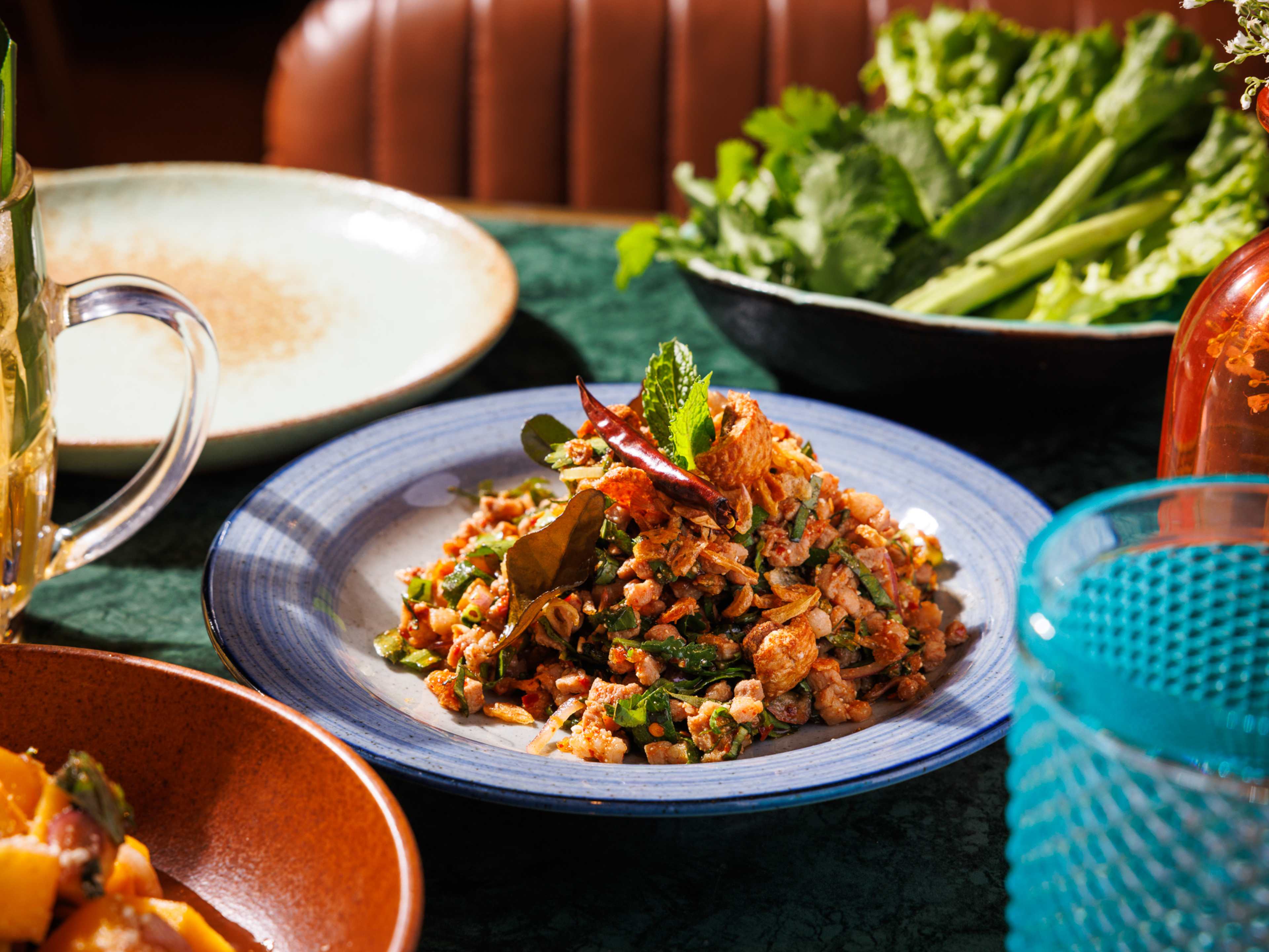 a laab with chiles, thai basil, and ground duck