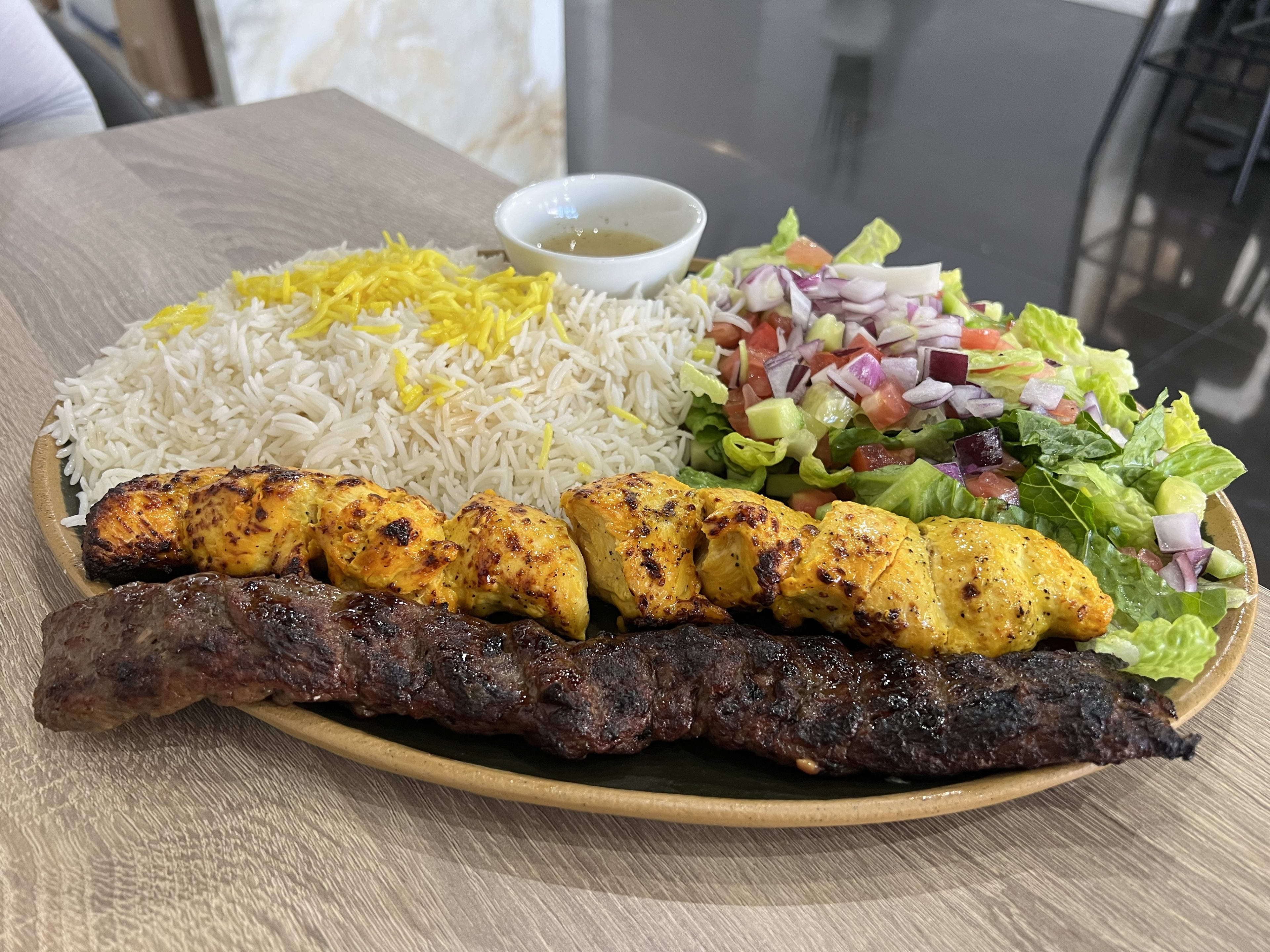 The Joojeh Sultani platter from Shahs Of Kabob in Coral Gables