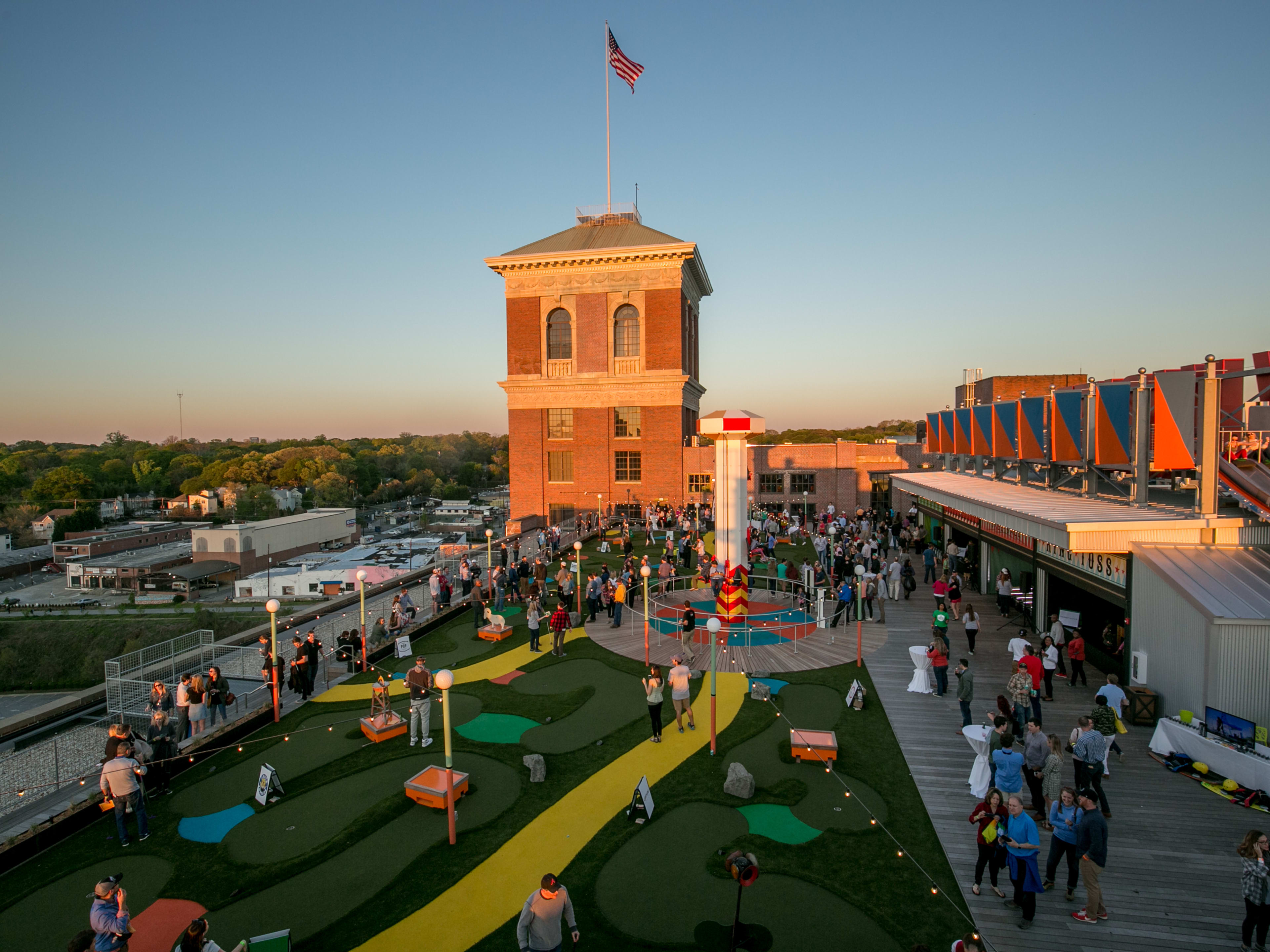 Skyline rooftop with mini golf and carnival games