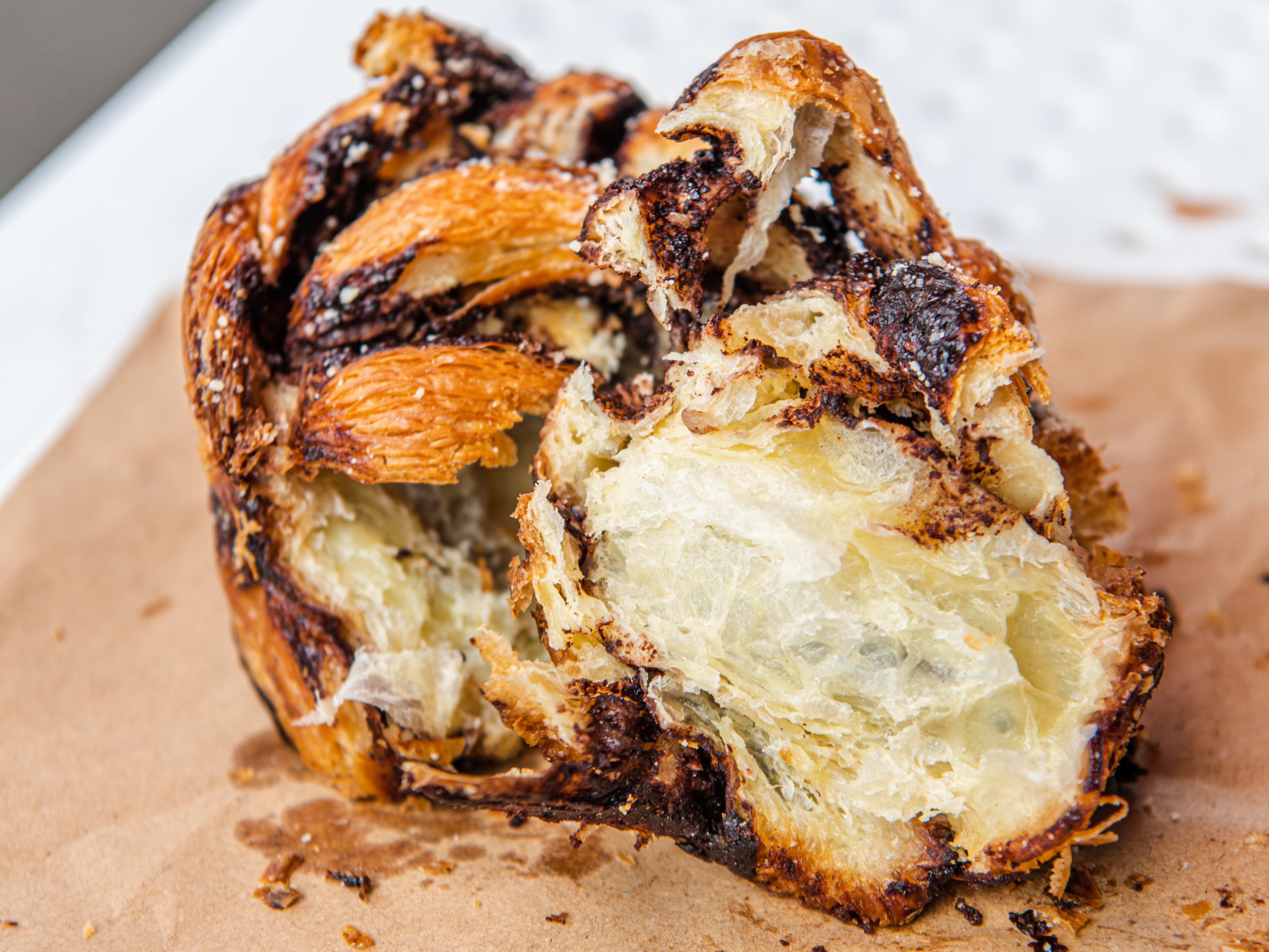 The chocolate babka cut in half from Sourdough Sophia.