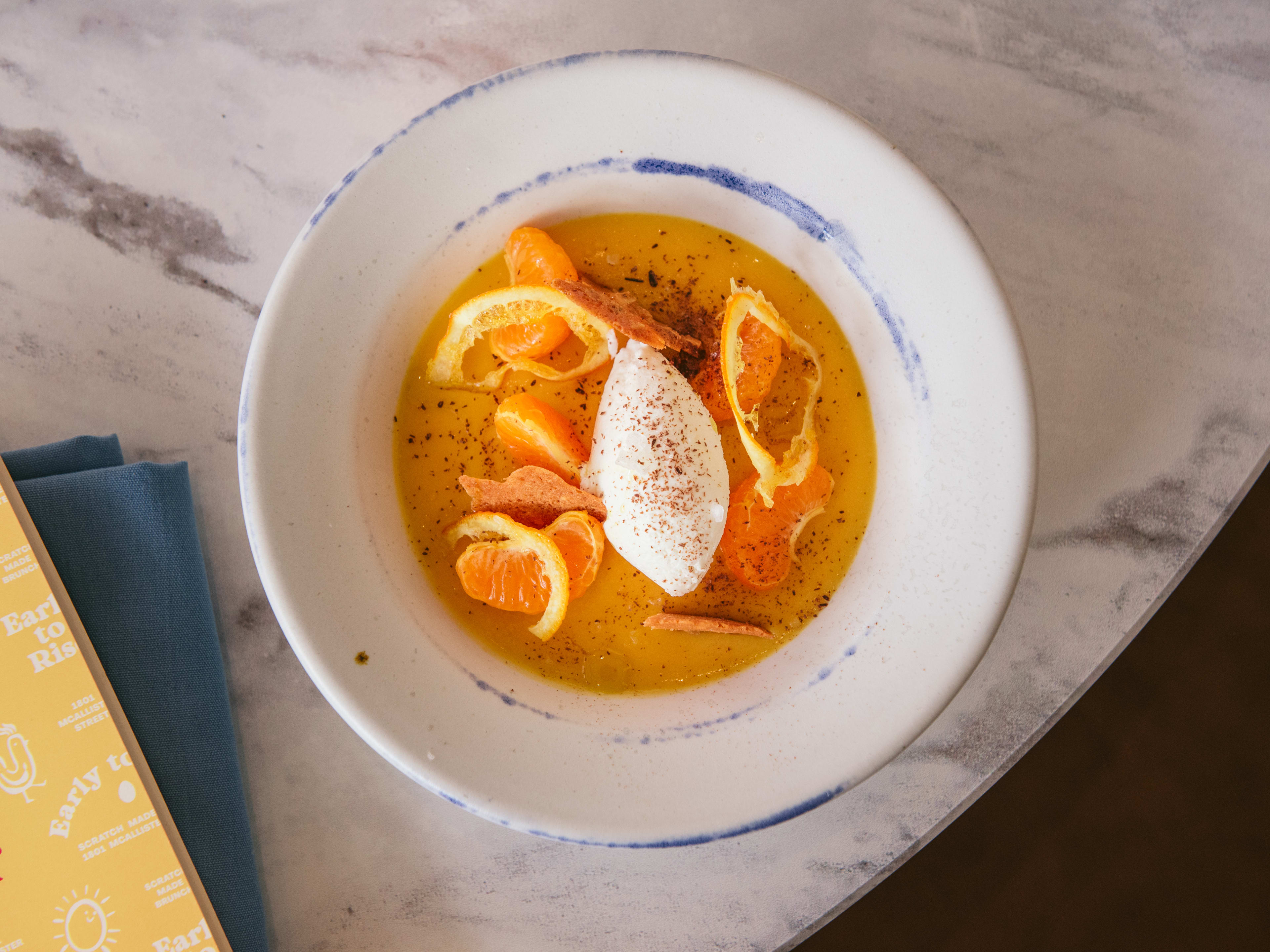 A plate of tangerine pudding.