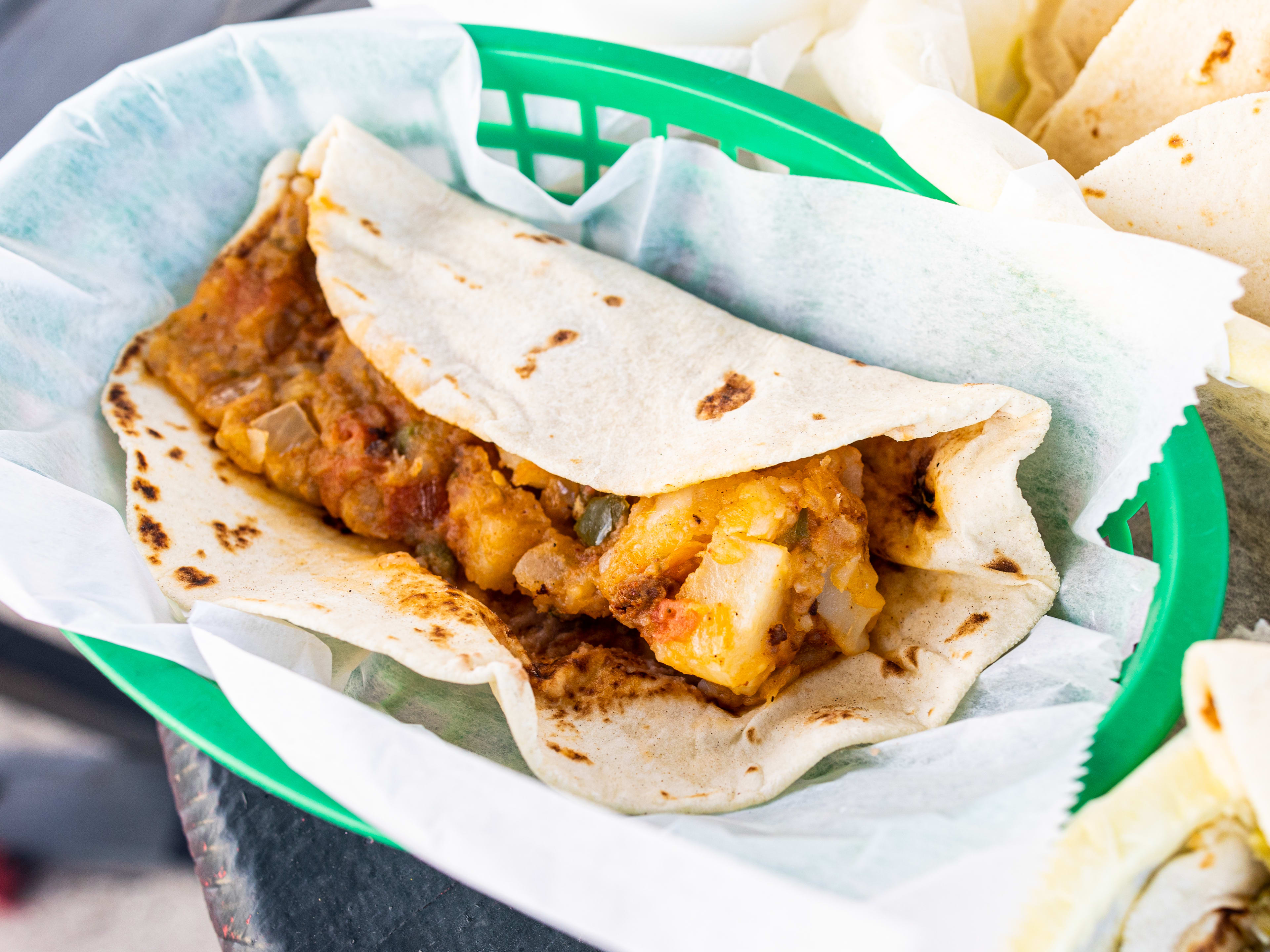 the spicy potato breakfast taco from Laredo Taqueria.