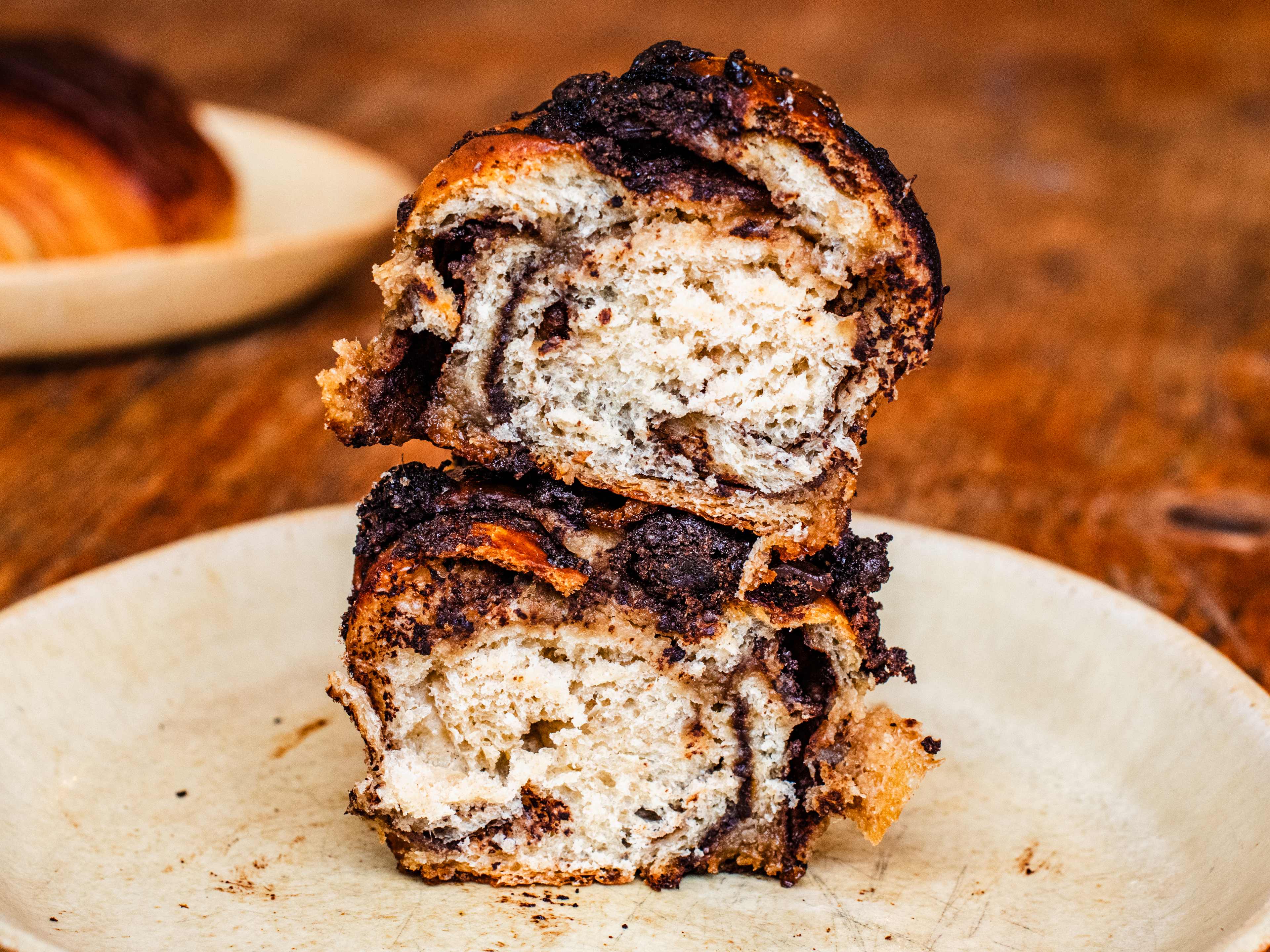 The chocolate bun cut in half and stacked from Tarn Bakery.