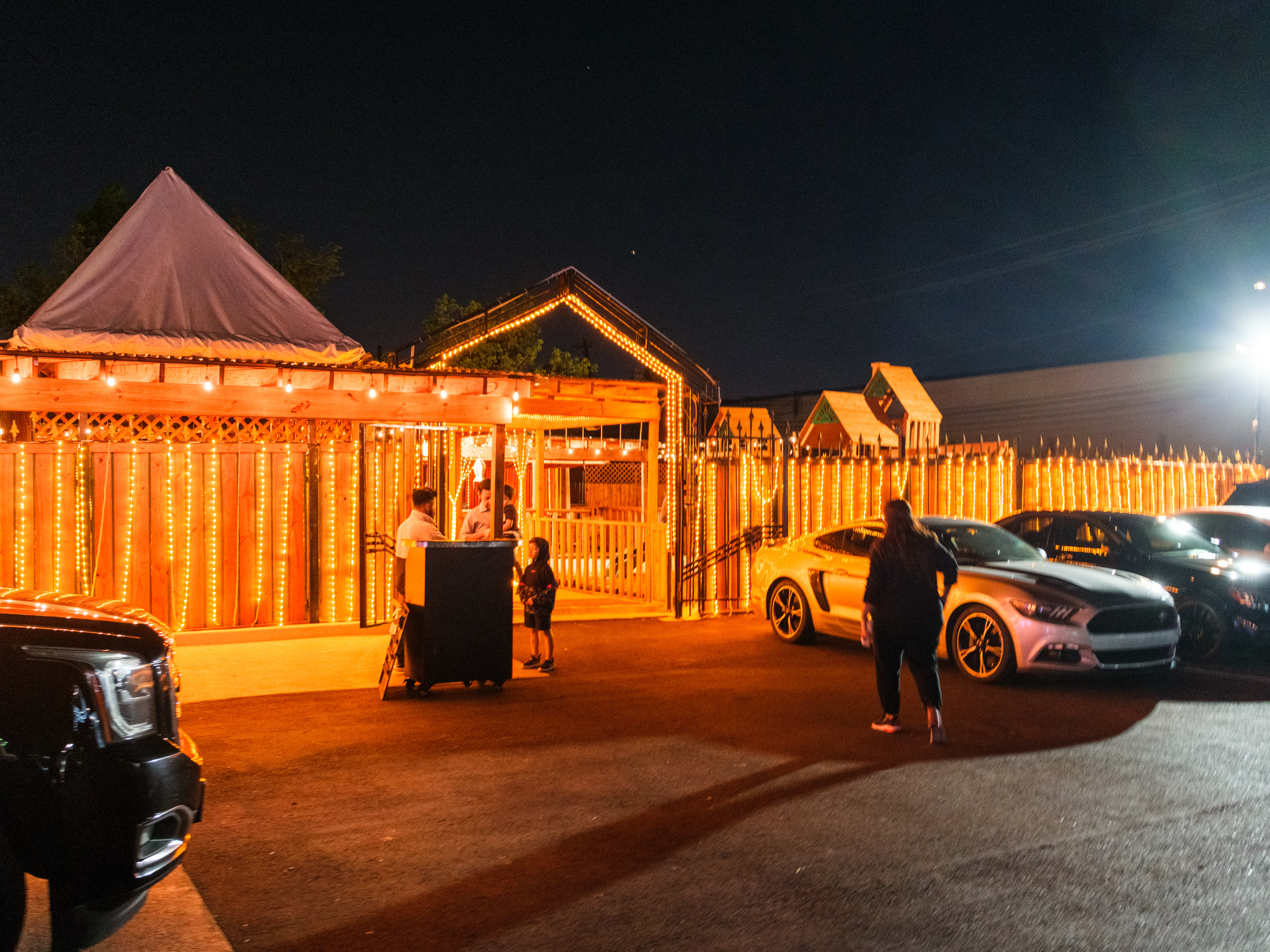 The string light covered exterior of The Tent.