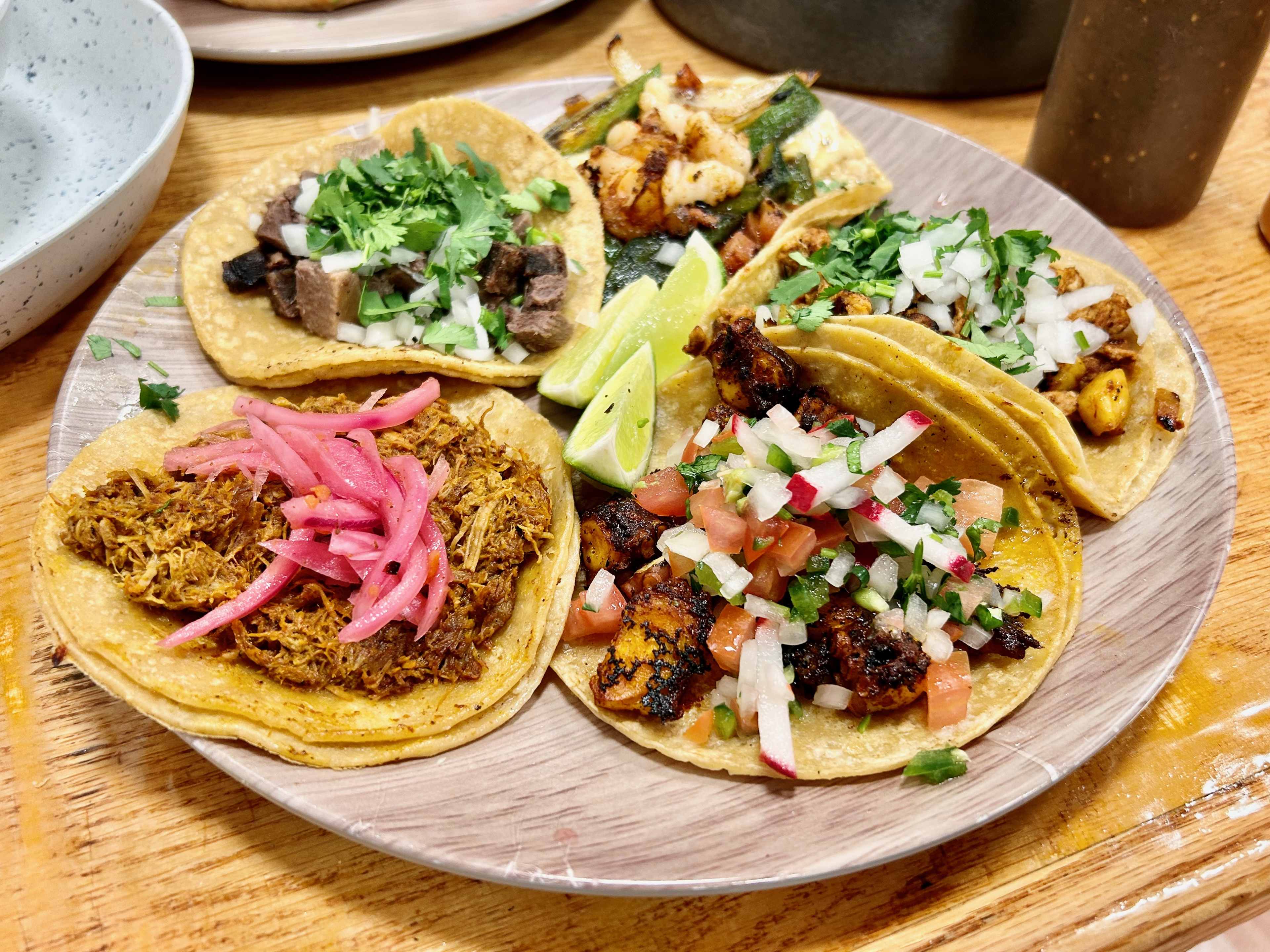 A plate with an assortment of five different tacos.