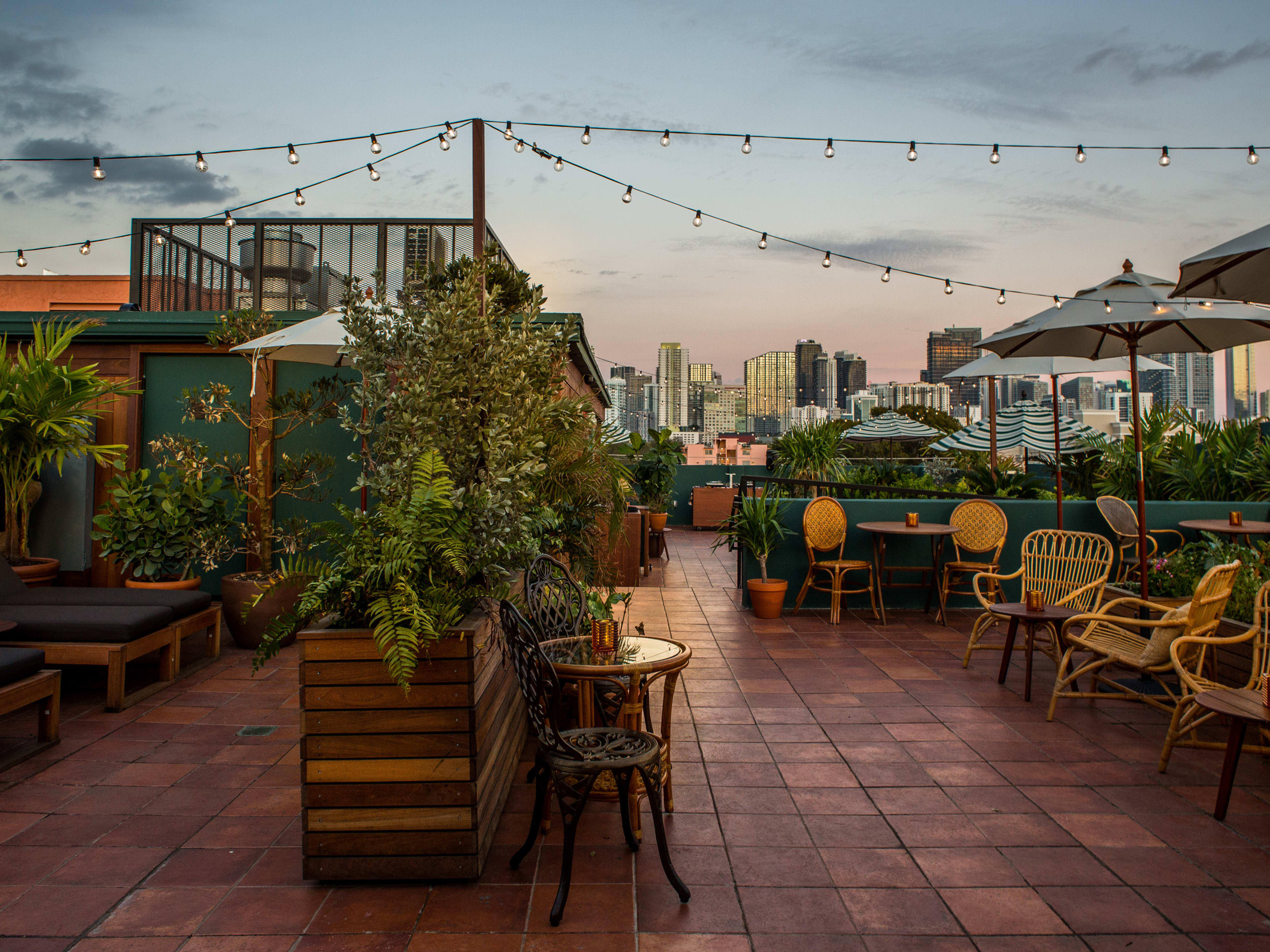 Outdoor terrace with view of Miami skyline and string lights