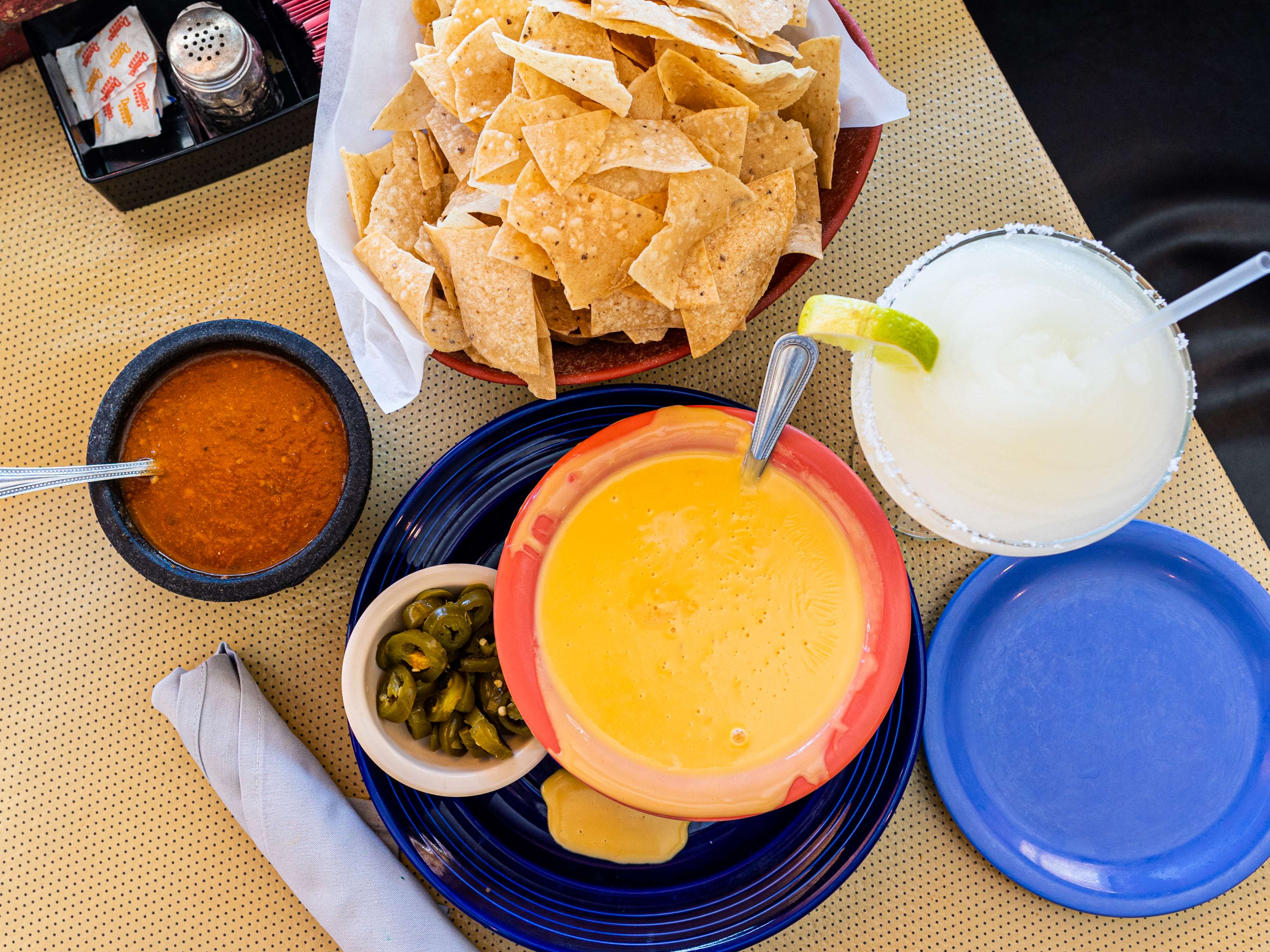 The queso, chips, salsa, and margarita from Tia Maria’s.
