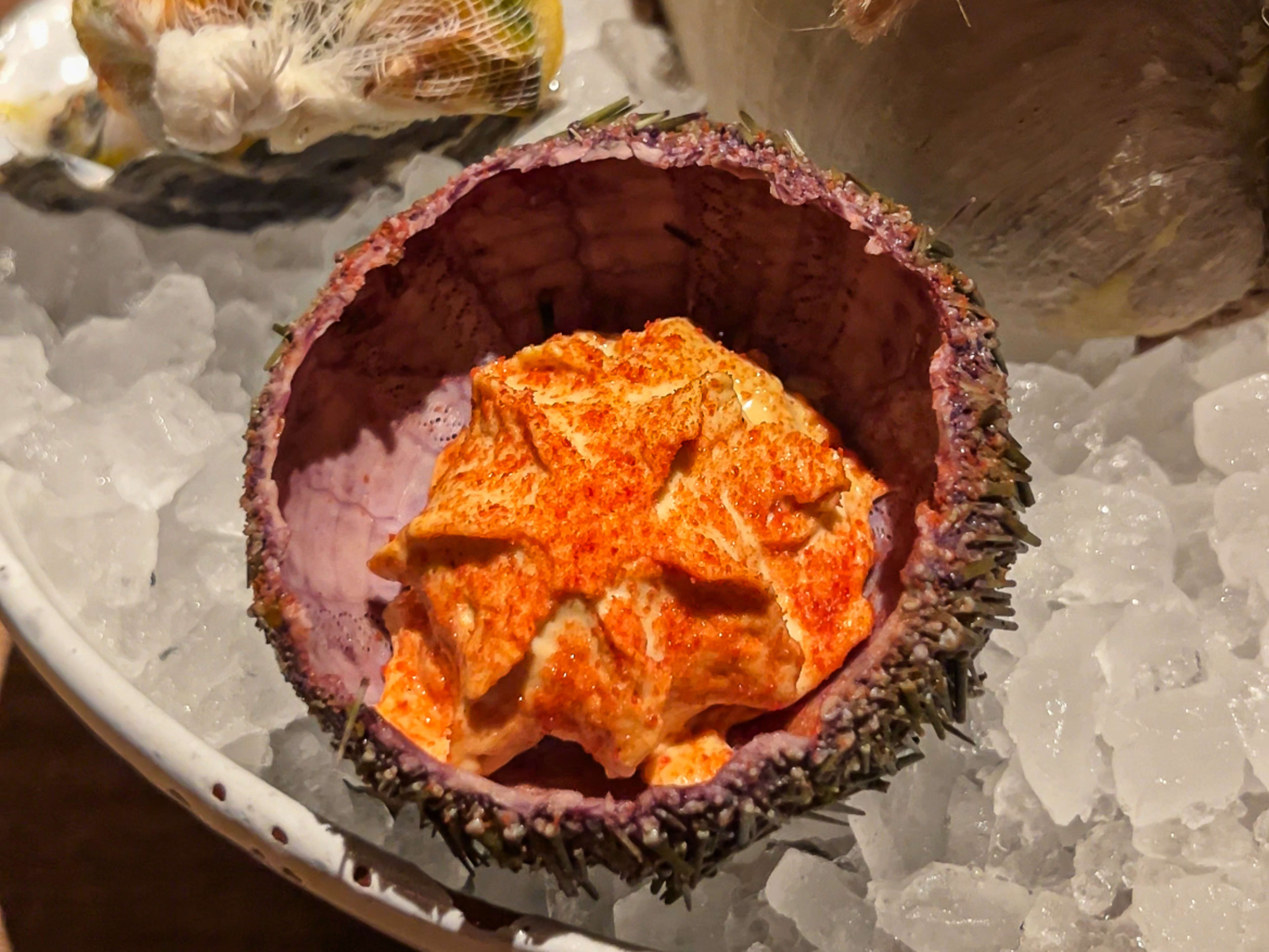 Uni served in-shell and topped with uni custard.